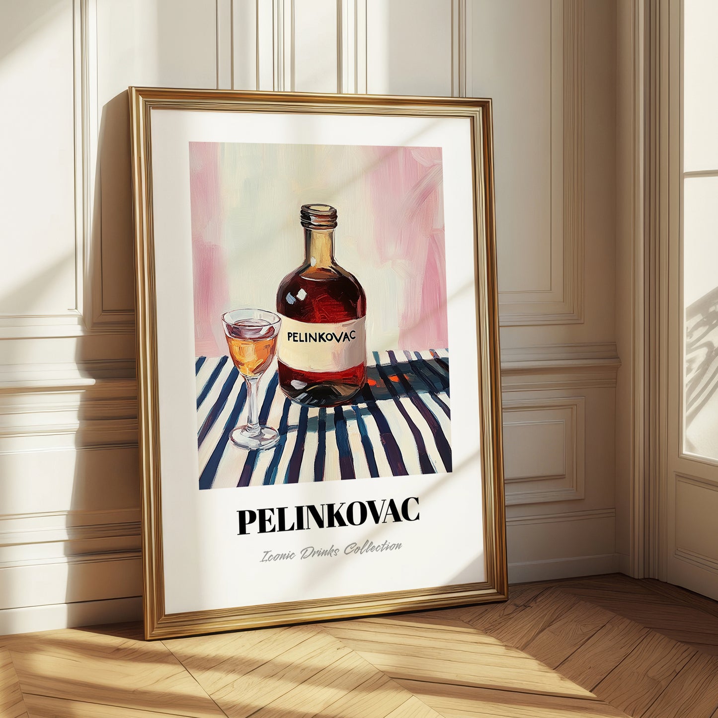 Pelinkovac – on Striped Tablecloth, Croatian Beverage Illustration