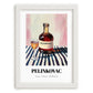 Pelinkovac – on Striped Tablecloth, Croatian Beverage Illustration, placed in minimal white frame