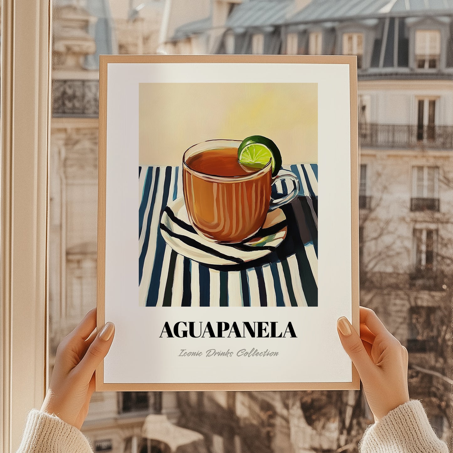 Aguapanela – on Striped Tablecloth, Colombian Beverage Painting, styled in a charming Paris street view