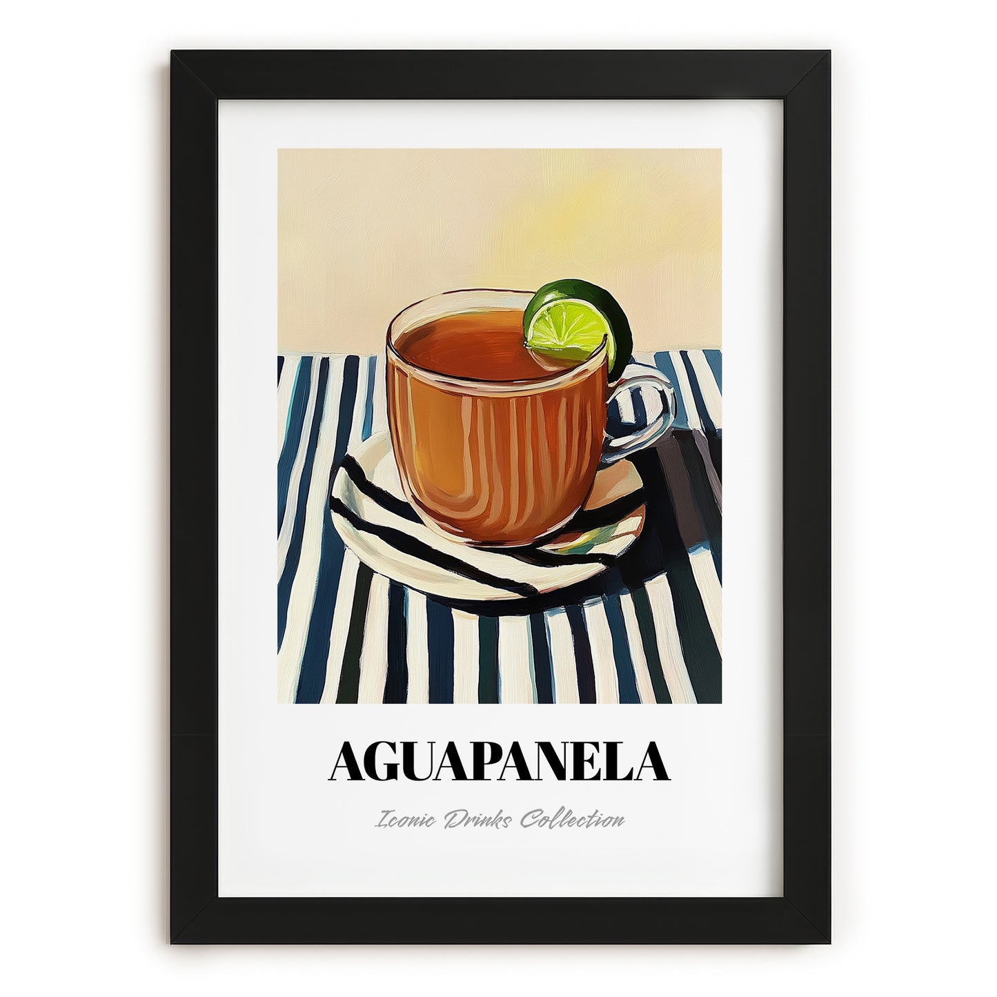 Aguapanela – on Striped Tablecloth, Colombian Beverage Painting, in sleek black frame