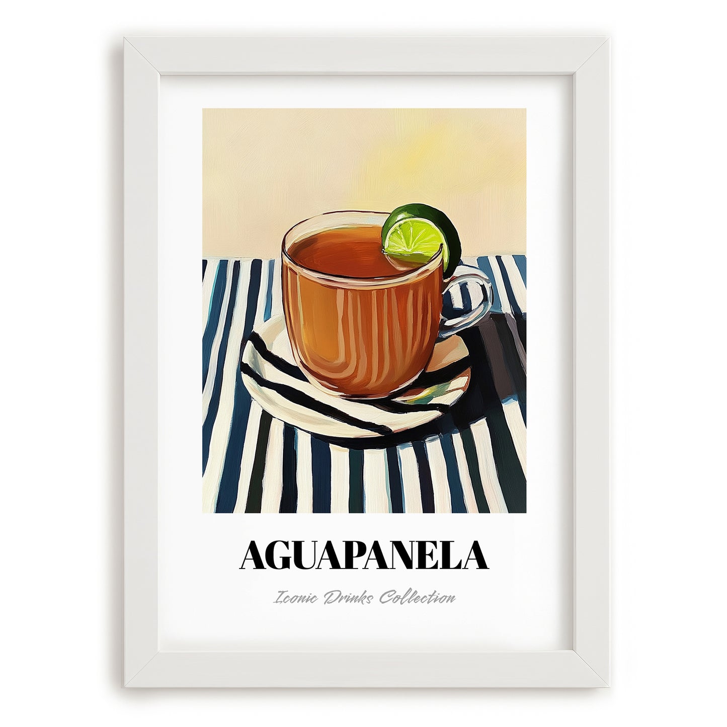 Aguapanela – on Striped Tablecloth, Colombian Beverage Painting, placed in minimal white frame