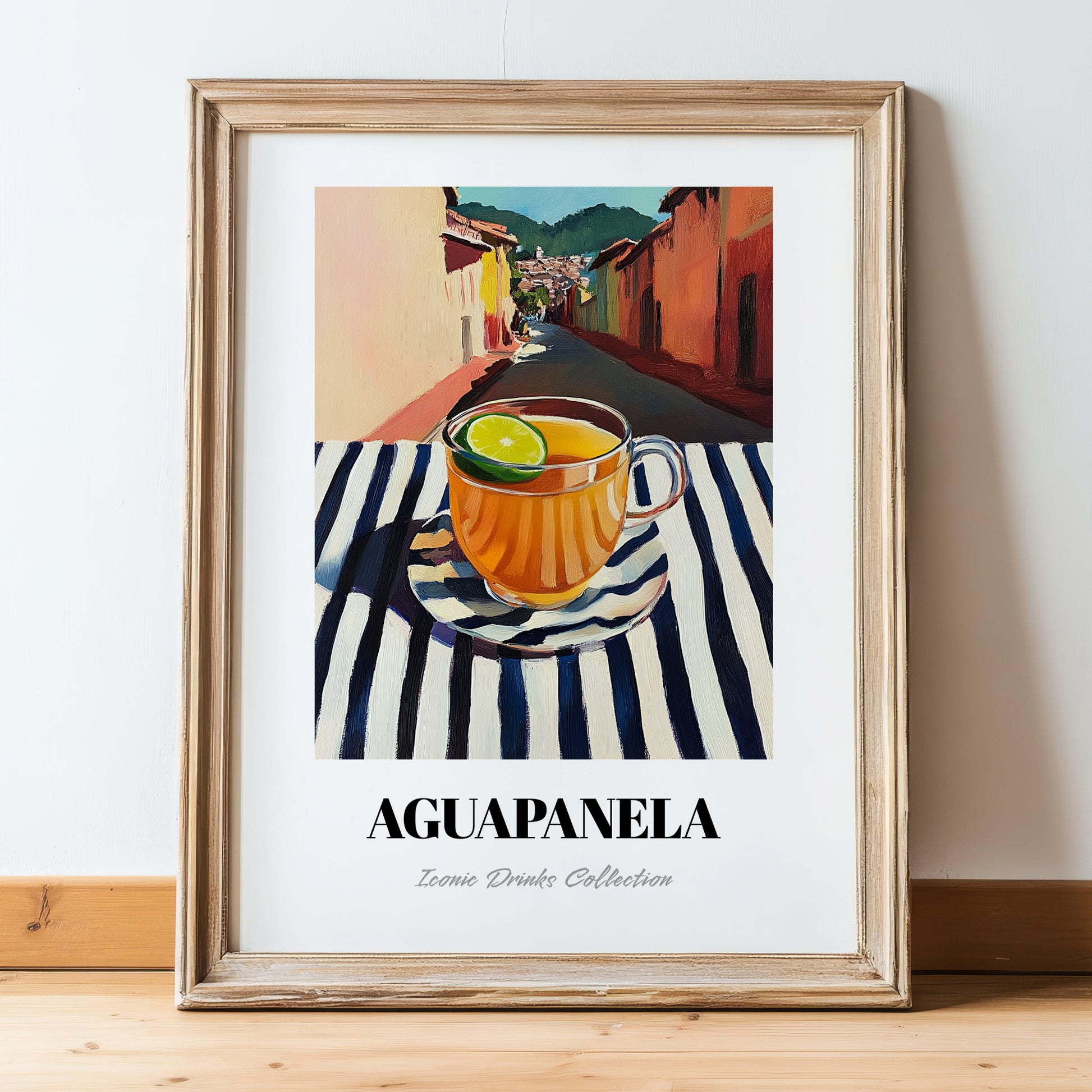 Aguapanela – Colombian Street Café Scene, Colombian Coffee Painting, in wooden frame leaning on the floor