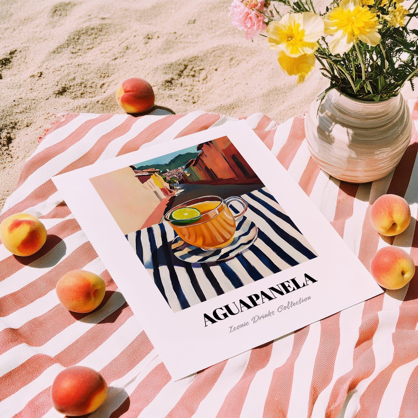 Aguapanela – Colombian Street Café Scene, Colombian Coffee Painting, unframed on coastal sand