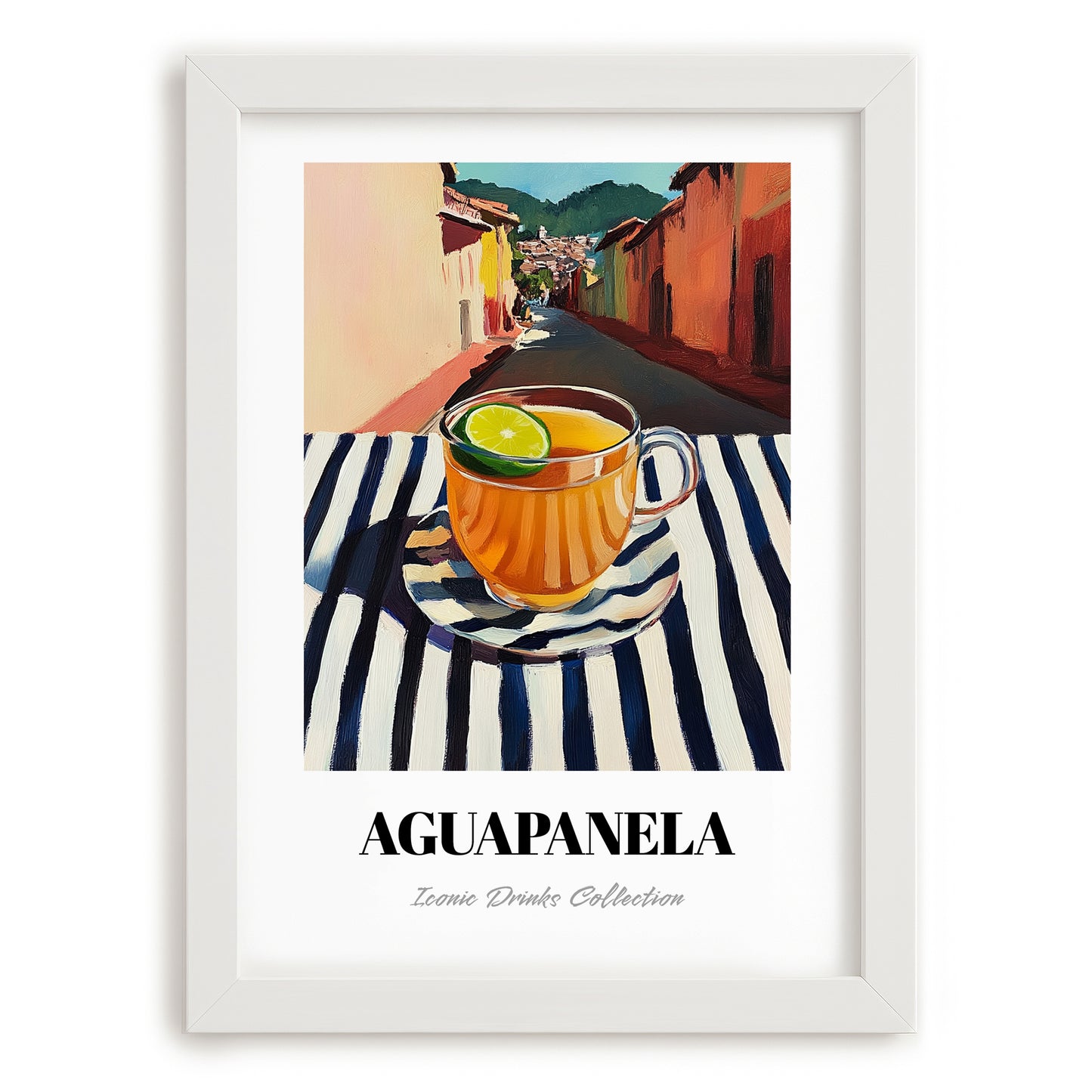 Aguapanela – Colombian Street Café Scene, Colombian Coffee Painting, placed in minimal white frame