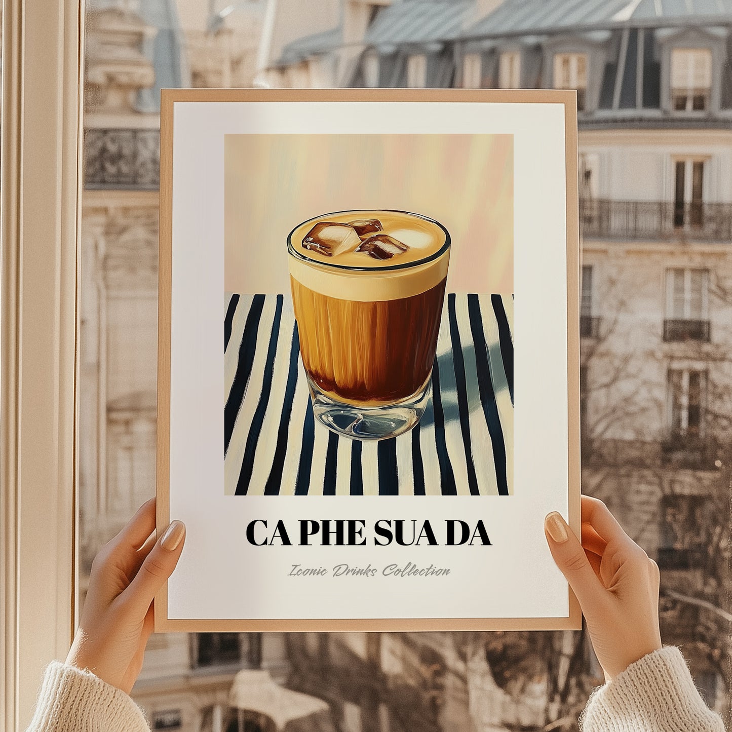 Cà Phê Sữa Đá – on Striped Tablecloth, Vietnamese Beverage Poster, styled in a charming Paris street view
