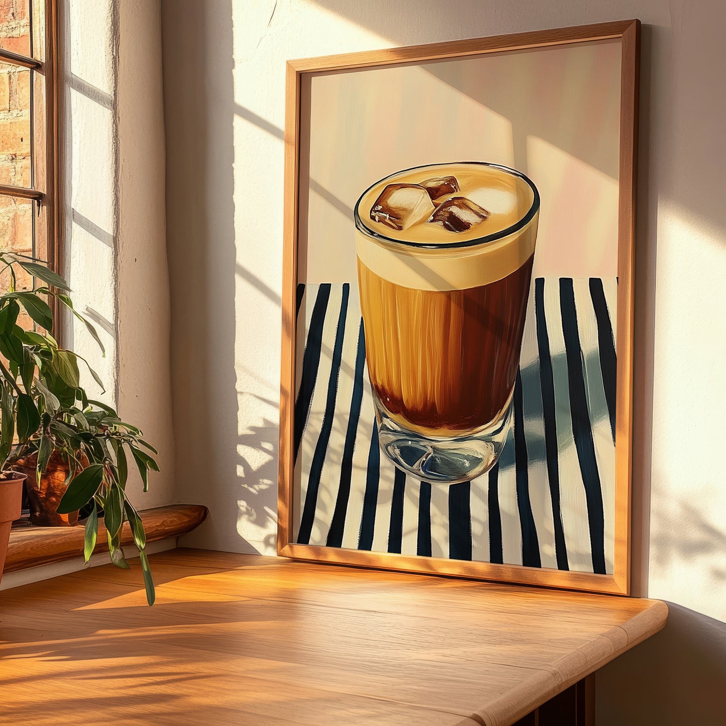 Cà Phê Sữa Đá – on Striped Tablecloth, Vietnamese Beverage Poster, clean layout with no caption