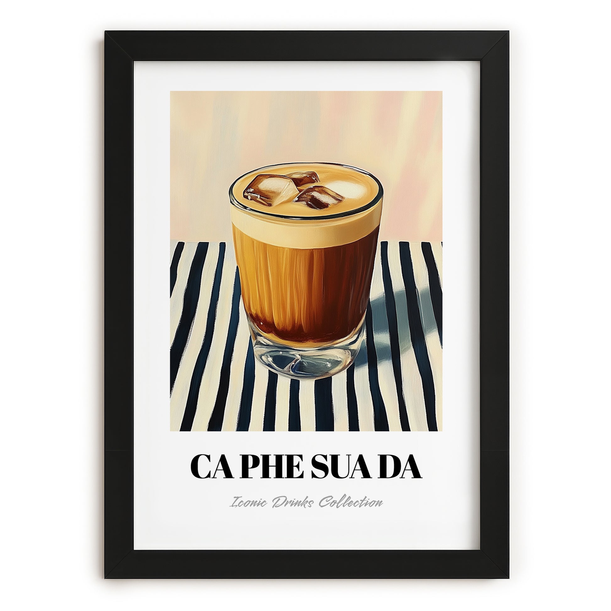 Cà Phê Sữa Đá – on Striped Tablecloth, Vietnamese Beverage Poster, in sleek black frame