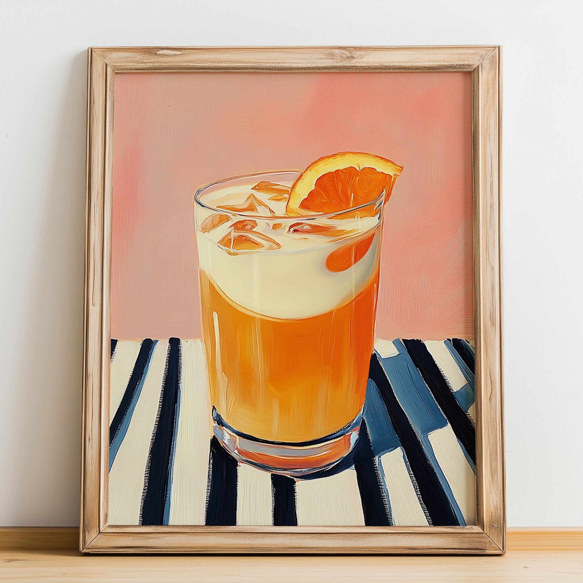 Thai Iced Tea – on Striped Tablecloth, Thai Beverage Still Life, no-text version framed in wood