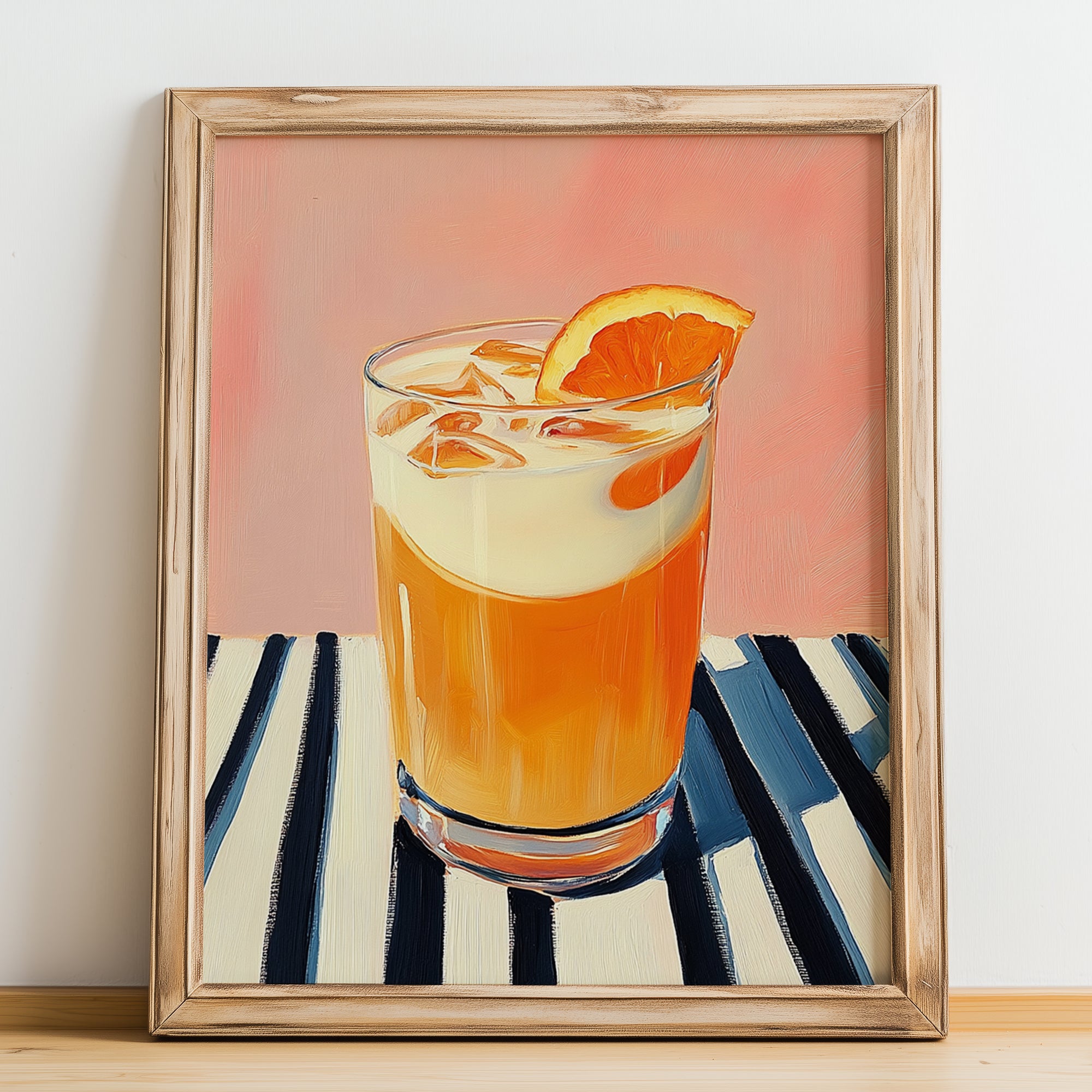Thai Iced Tea – on Striped Tablecloth, Thai Beverage Still Life, no-text version framed in wood