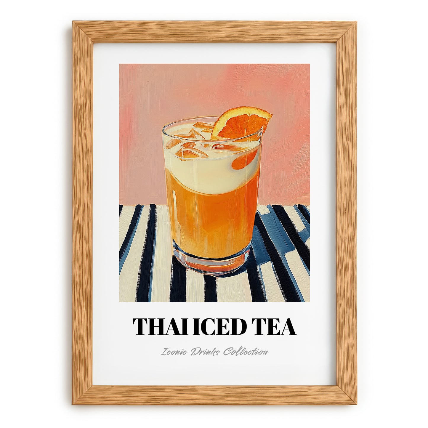 Thai Iced Tea – on Striped Tablecloth, Thai Beverage Still Life, set in oak frame