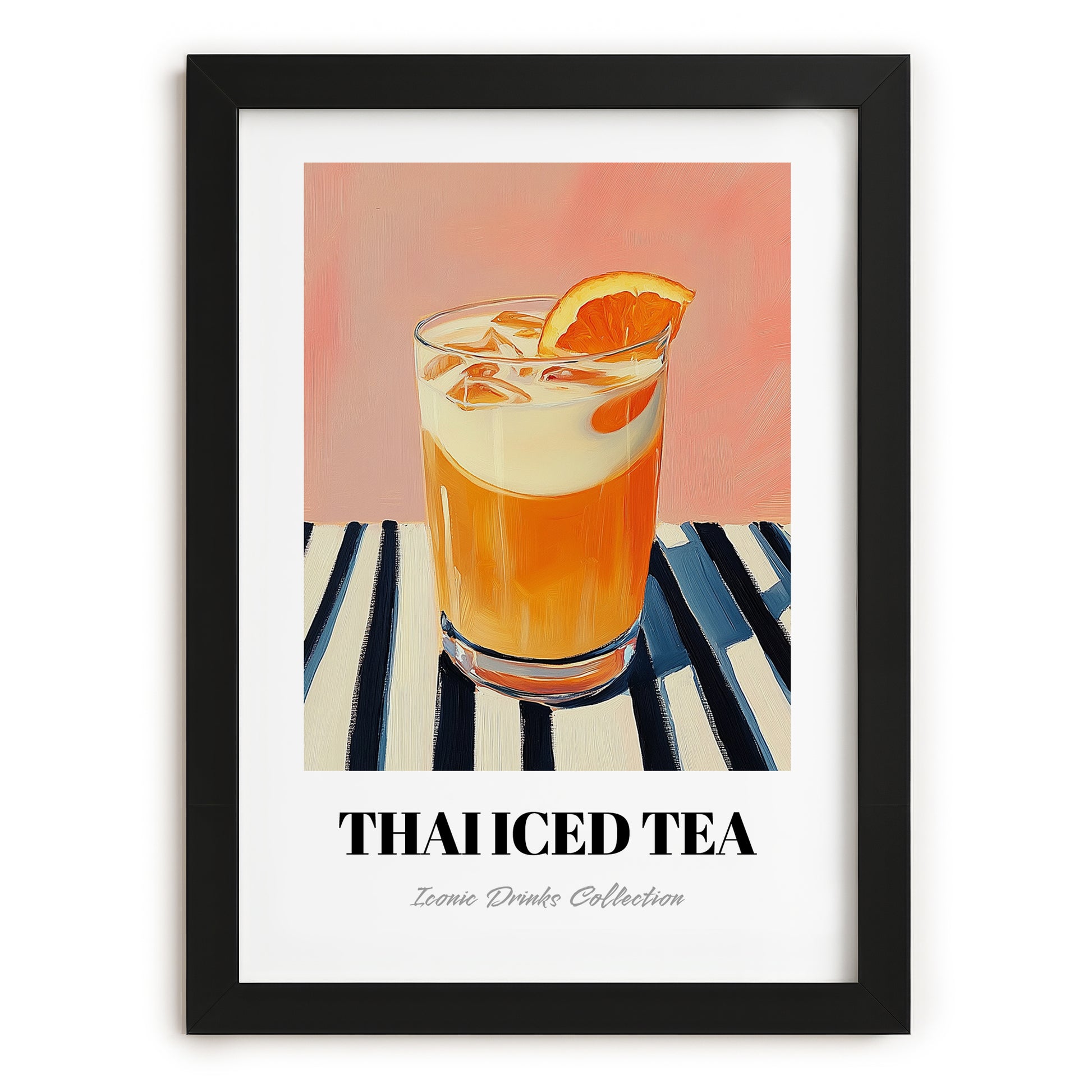 Thai Iced Tea – on Striped Tablecloth, Thai Beverage Still Life, in sleek black frame