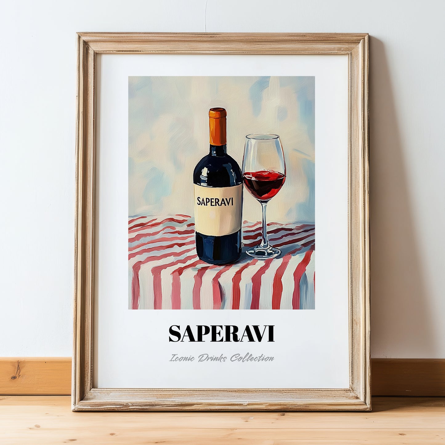 Saperavi – on Striped Tablecloth, Georgian Spirit Poster, in wooden frame leaning on the floor