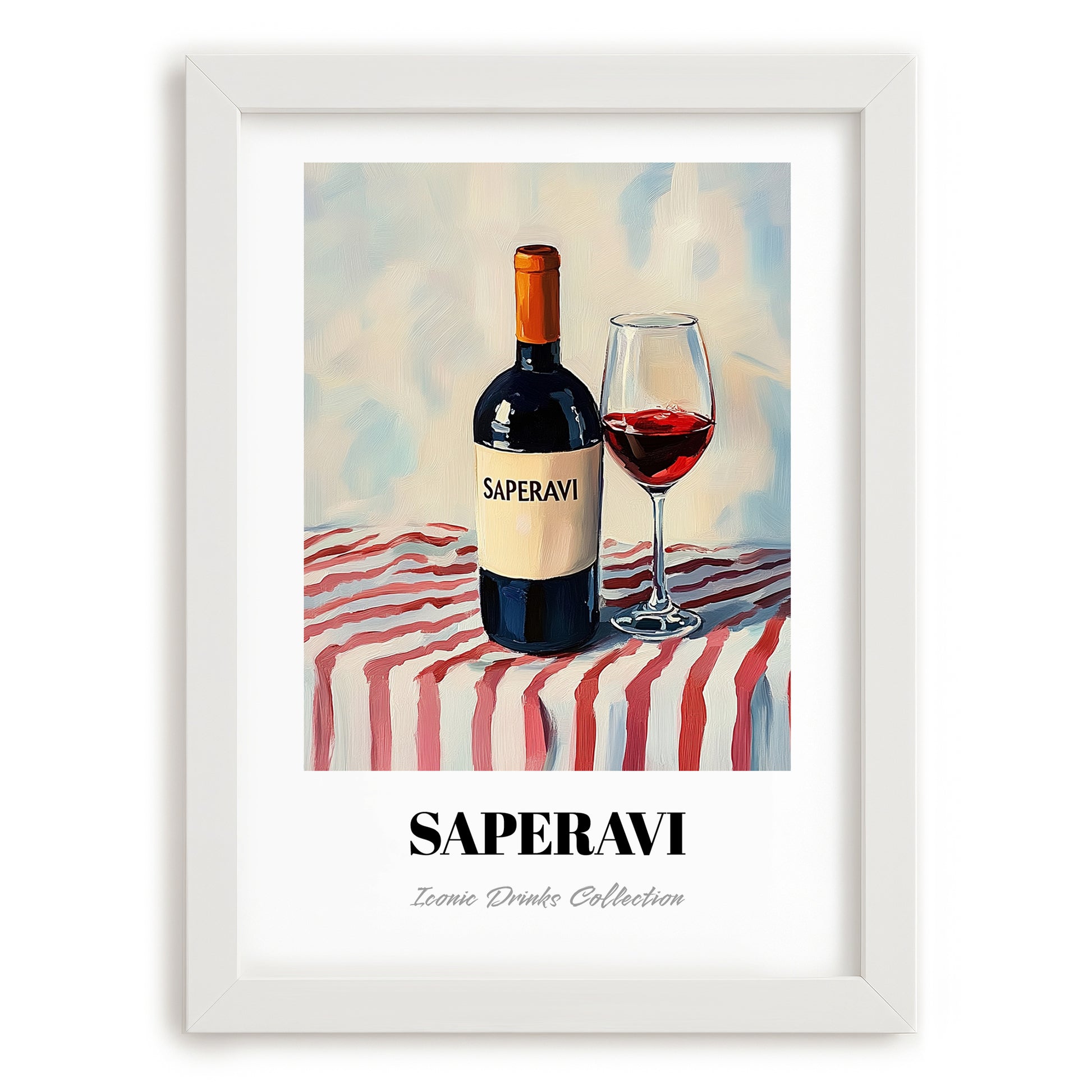 Saperavi – on Striped Tablecloth, Georgian Spirit Poster, placed in minimal white frame