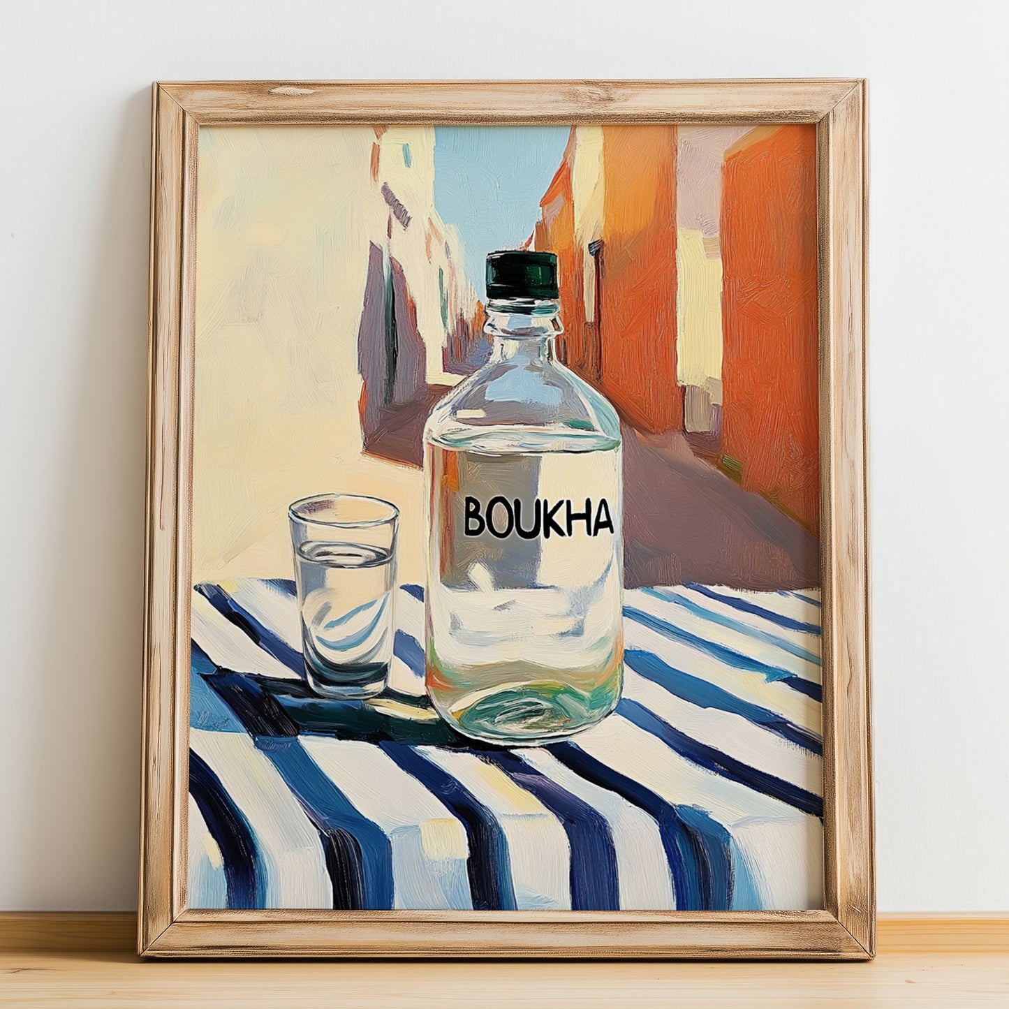 Boukha – Tunisian Street Café Scene, Tunisian Spirit Wall Decor, no-text version framed in wood