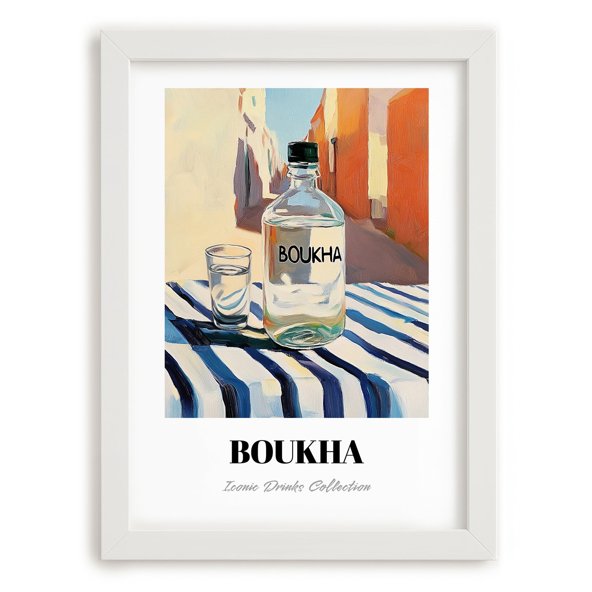 Boukha – Tunisian Street Café Scene, Tunisian Spirit Wall Decor, placed in minimal white frame