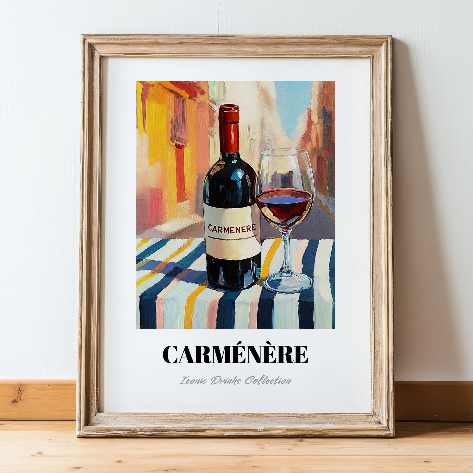 Carménère – Chilean Outdoor Café Scene, Chilean Wine Wall Art, in wooden frame leaning on the floor