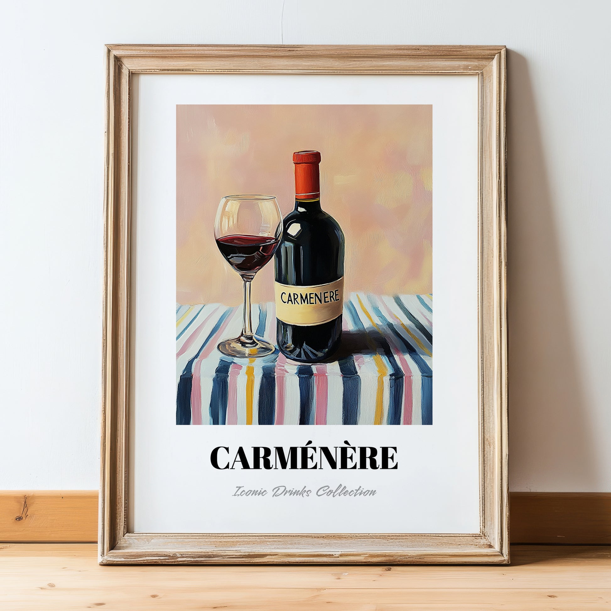 Carménère – on Striped Tablecloth, Chilean Beverage Painting, in wooden frame leaning on the floor