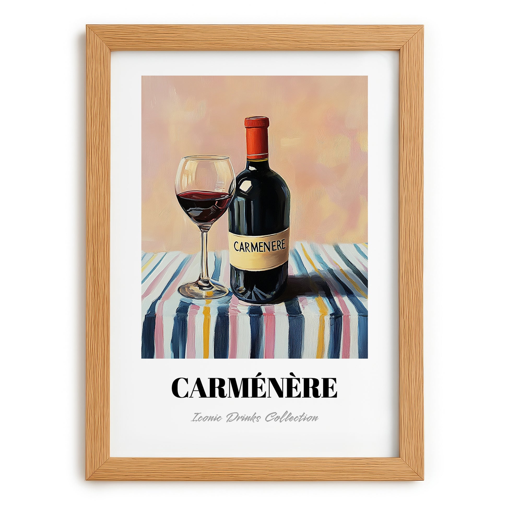 Carménère – on Striped Tablecloth, Chilean Beverage Painting, set in oak frame