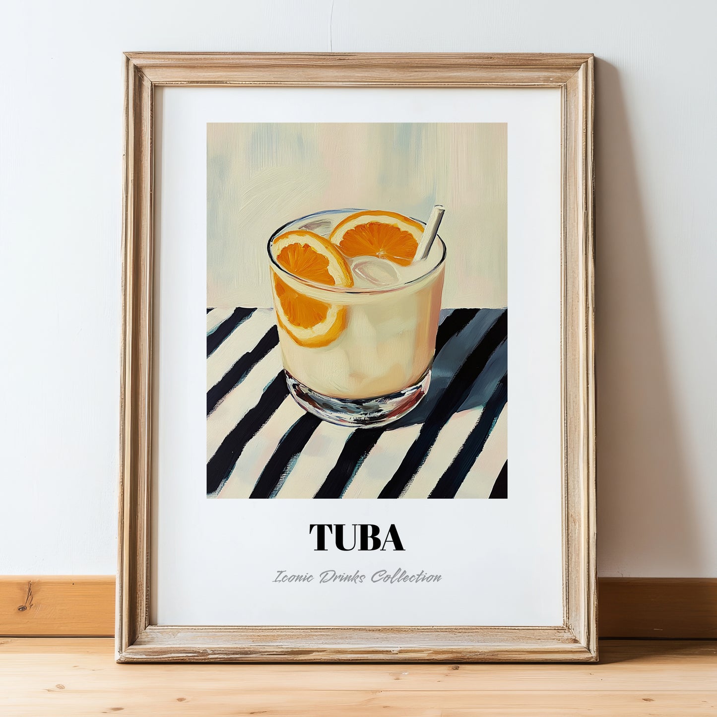 Tuba – on Striped Tablecloth, Philippine Wine Wall Decor, in wooden frame leaning on the floor