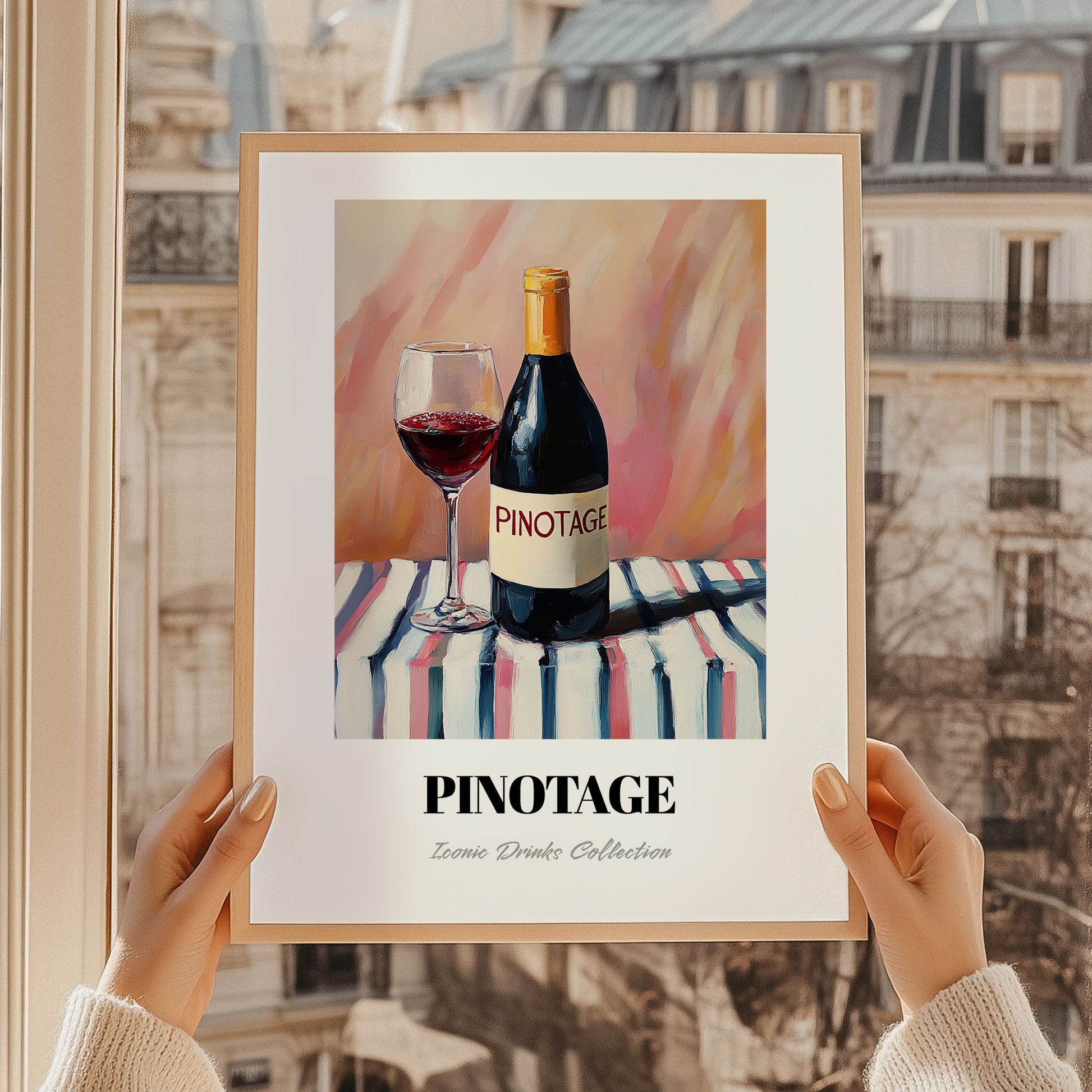 Pinotage – on Striped Tablecloth, South African Wine Illustration, styled in a charming Paris street view