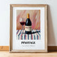 Pinotage – on Striped Tablecloth, South African Wine Illustration, in wooden frame leaning on the floor