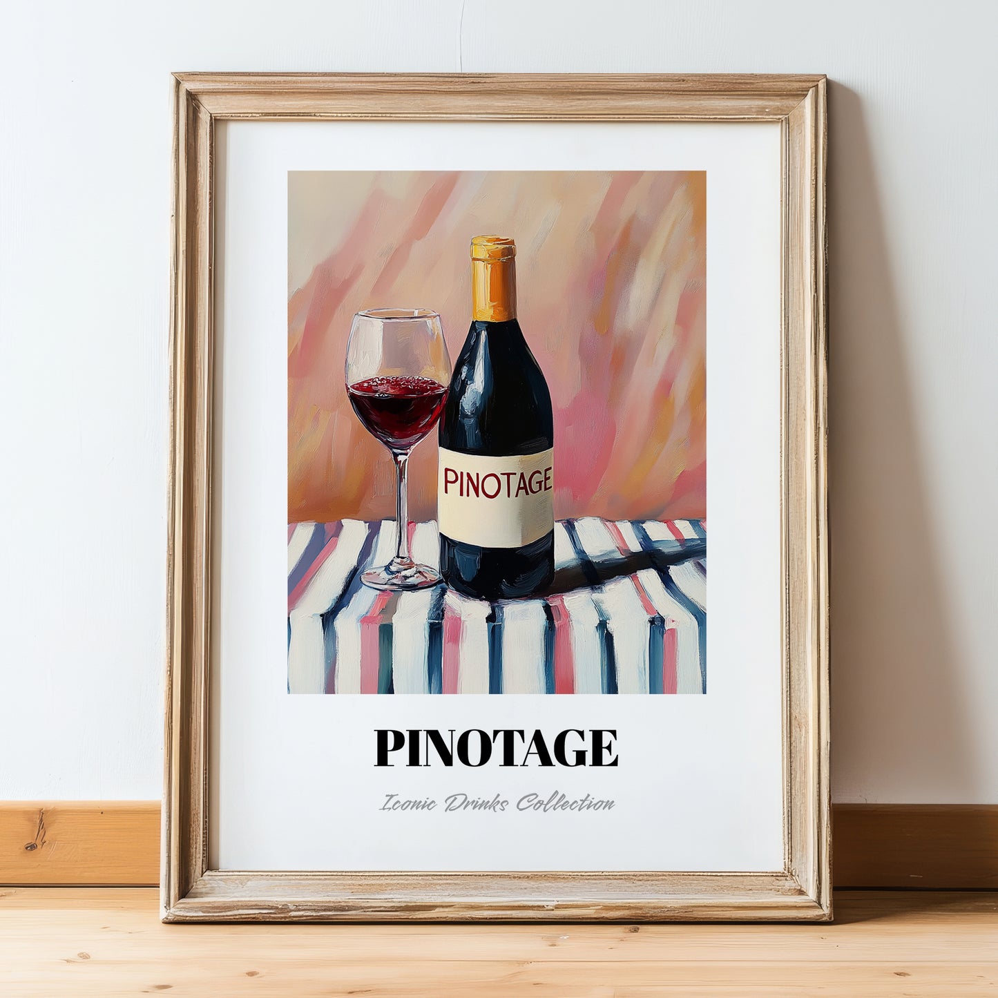 Pinotage – on Striped Tablecloth, South African Wine Illustration, in wooden frame leaning on the floor