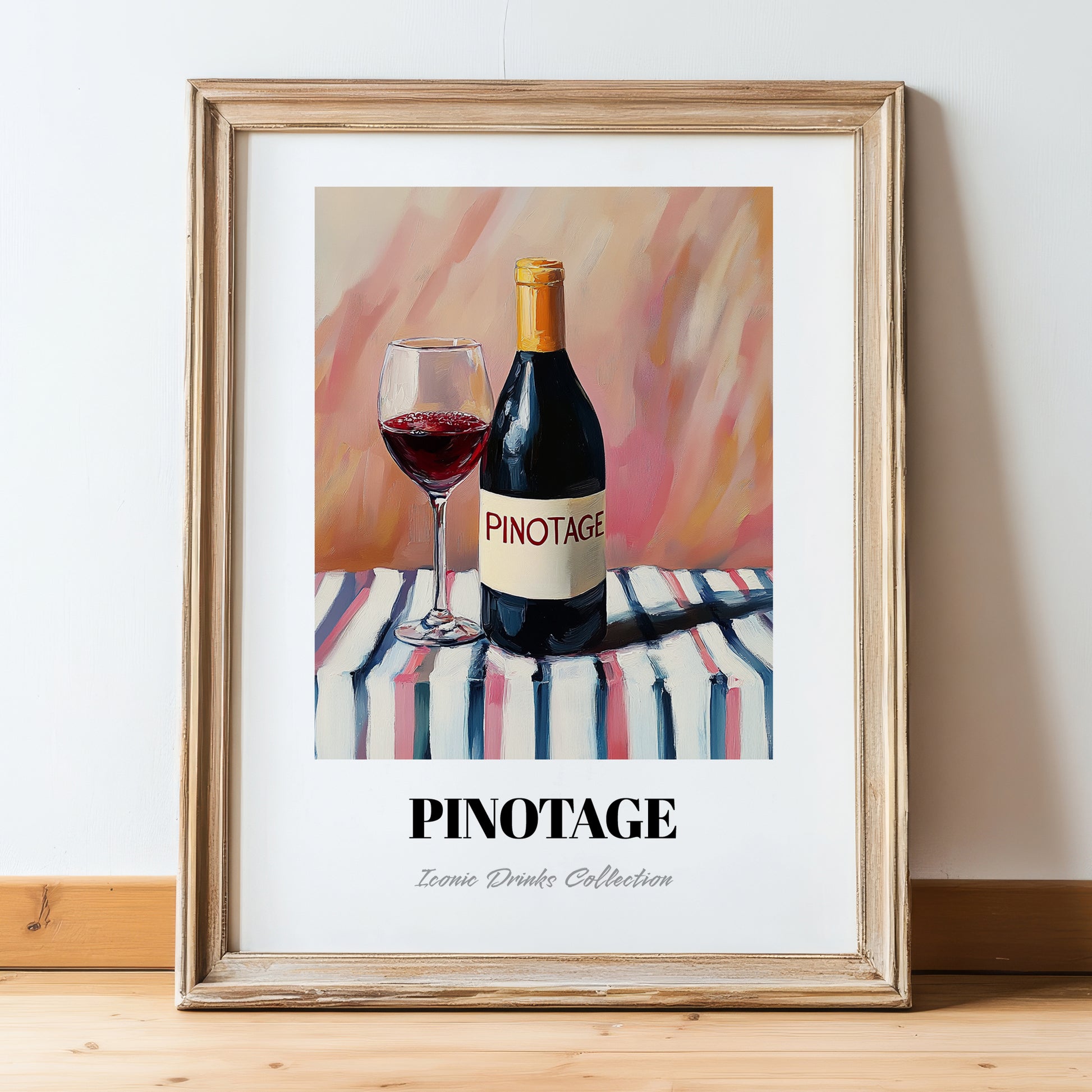 Pinotage – on Striped Tablecloth, South African Wine Illustration, in wooden frame leaning on the floor