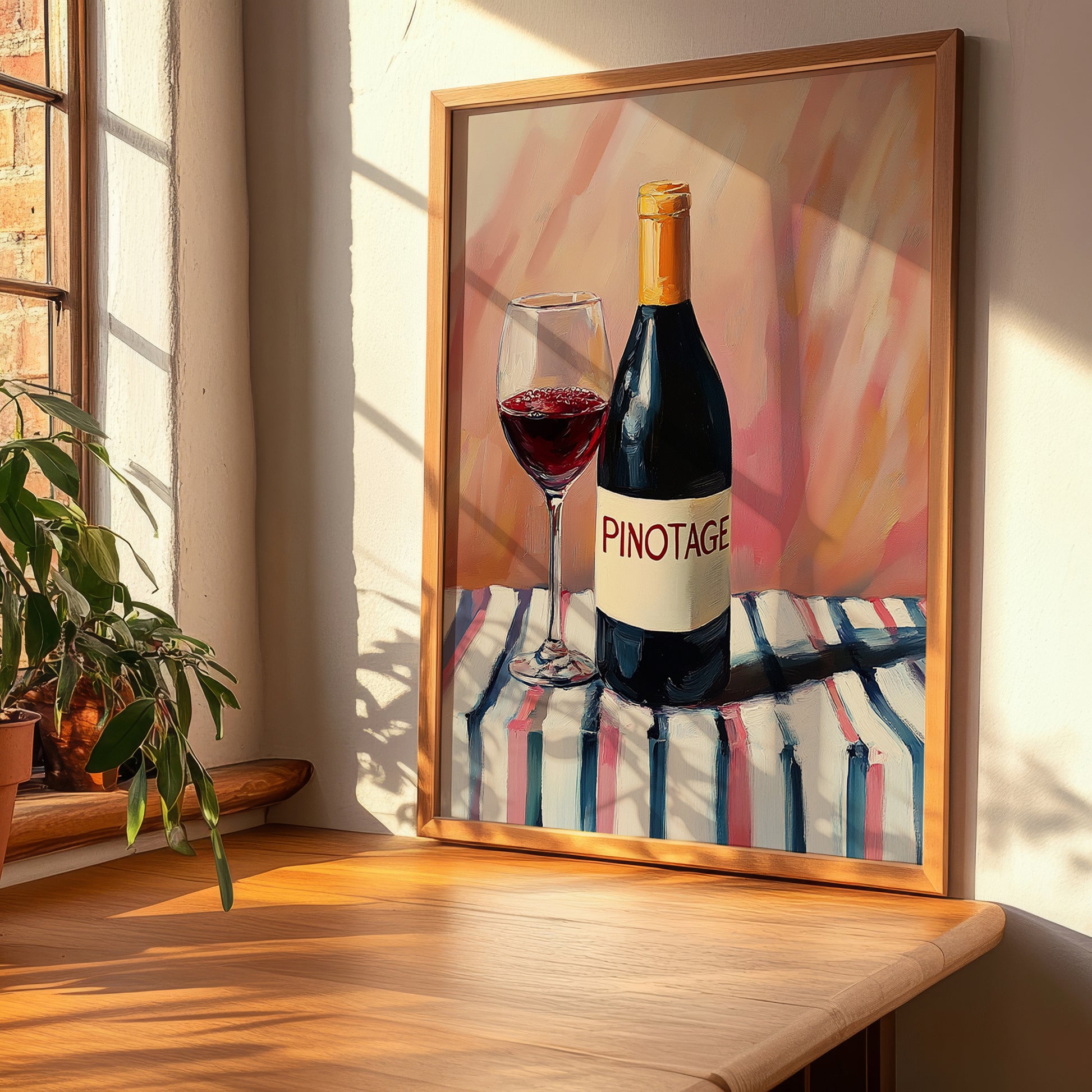 Pinotage – on Striped Tablecloth, South African Wine Illustration, clean layout with no caption