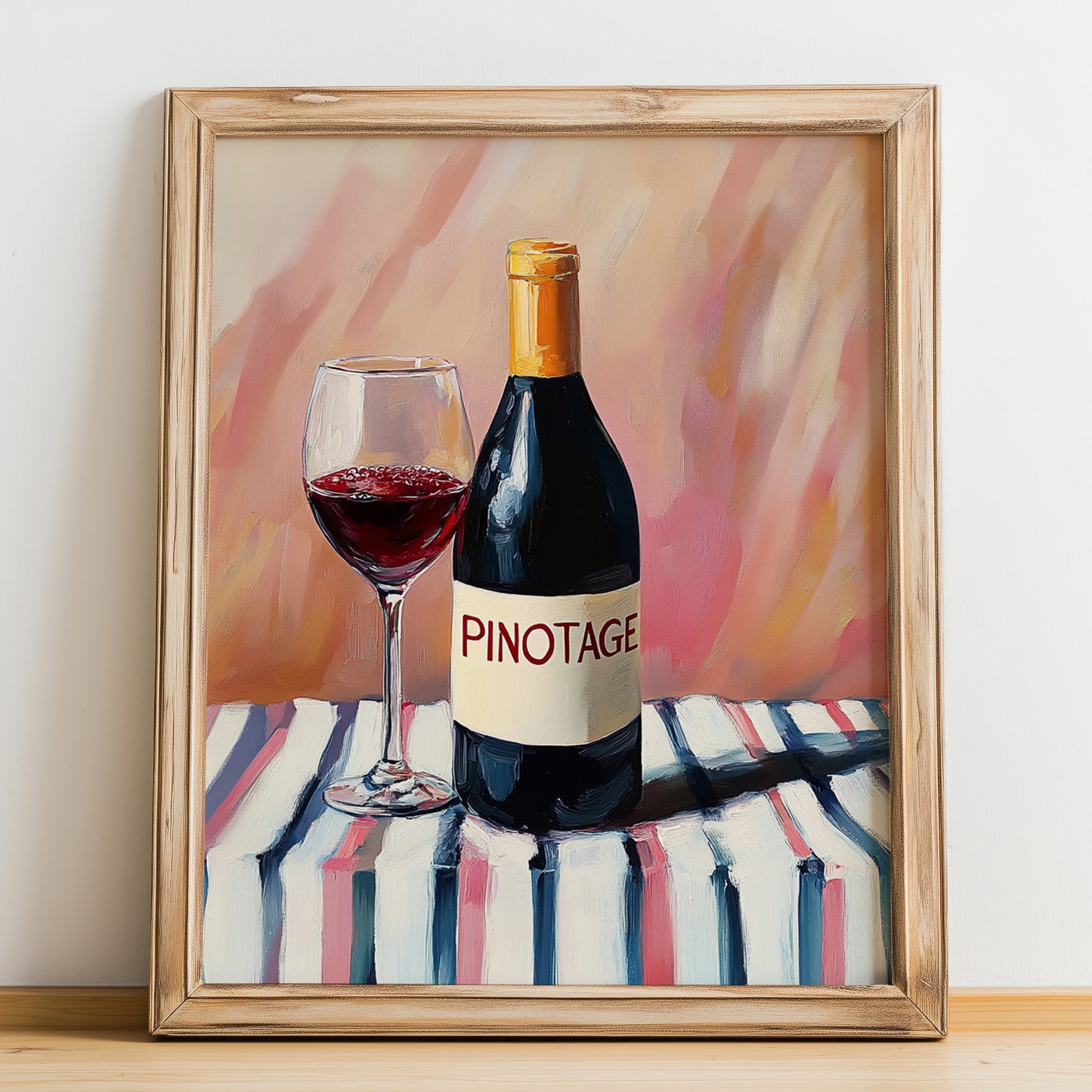 Pinotage – on Striped Tablecloth, South African Wine Illustration, no-text version framed in wood