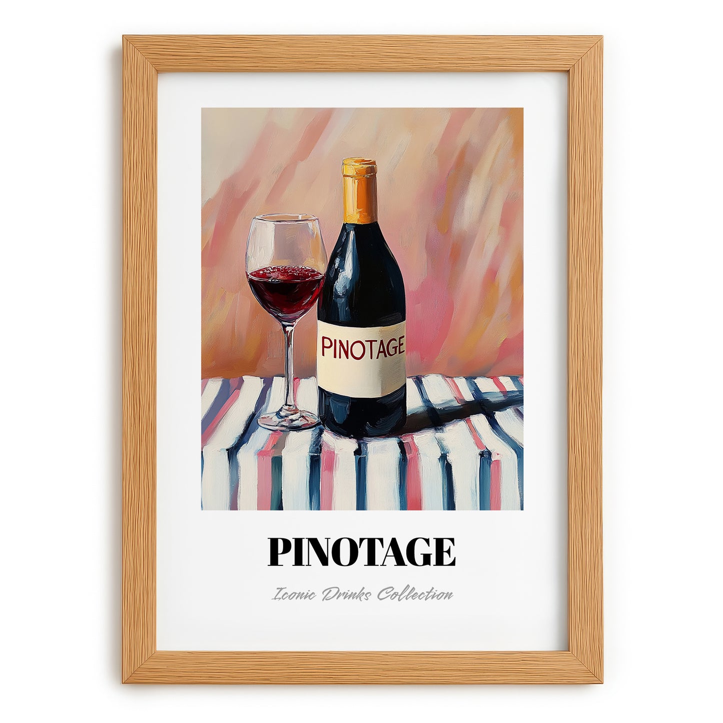 Pinotage – on Striped Tablecloth, South African Wine Illustration, set in oak frame