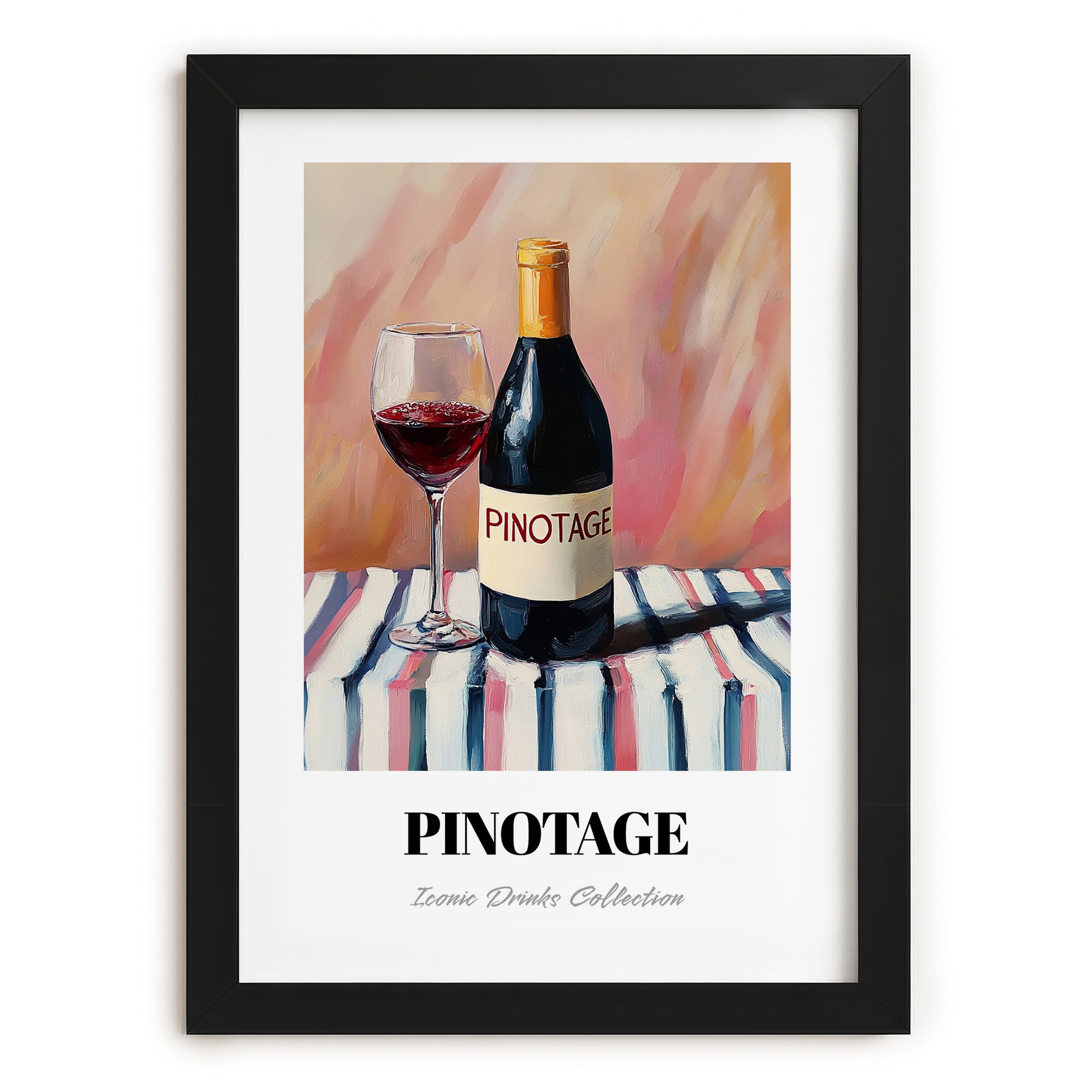 Pinotage – on Striped Tablecloth, South African Wine Illustration, in sleek black frame