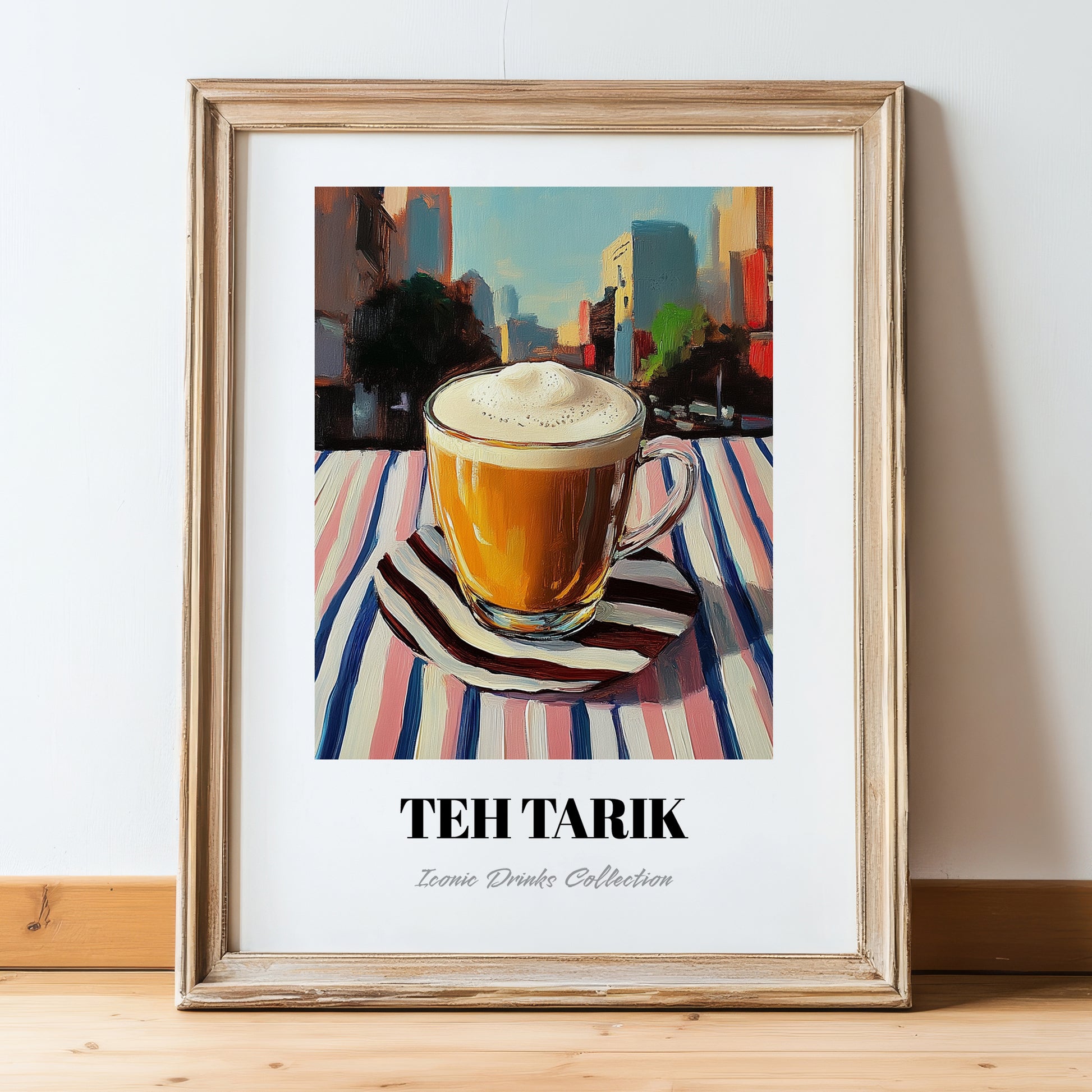 Teh Tarik – Malaysian Street Café Scene, Malaysian Tea Wall Decor, in wooden frame leaning on the floor