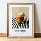 Teh Tarik – on Striped Tablecloth, Malaysian Tea Painting, in wooden frame leaning on the floor