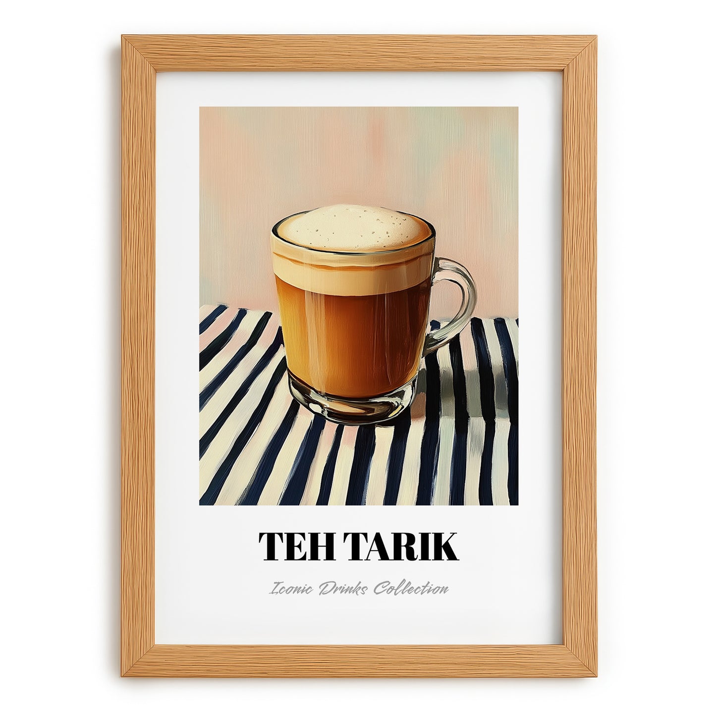 Teh Tarik – on Striped Tablecloth, Malaysian Tea Painting, set in oak frame