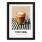 Teh Tarik – on Striped Tablecloth, Malaysian Tea Painting, in sleek black frame