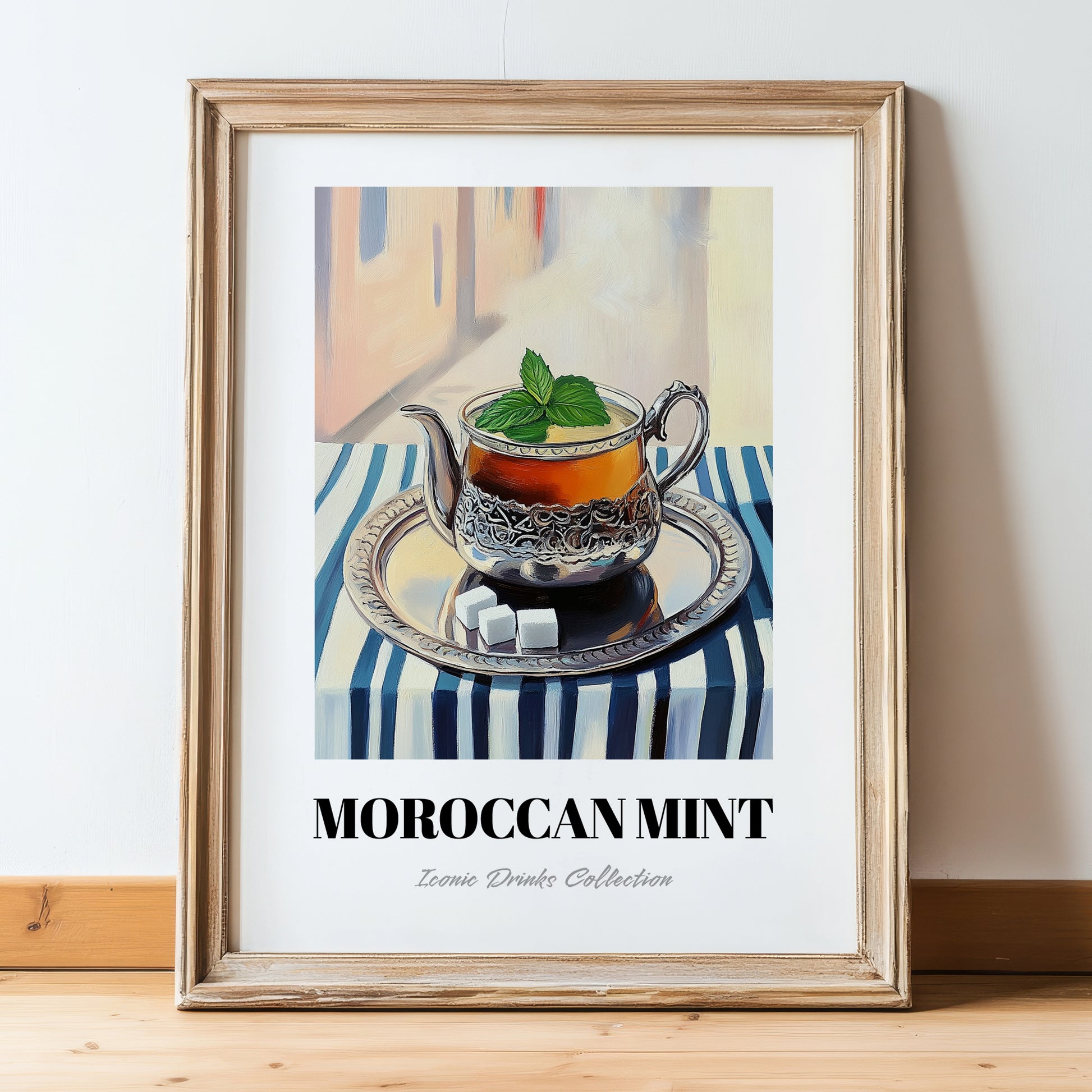 Moroccan Mint Tea – Moroccan Street Café Scene, Moroccan Spirit Still Life, in wooden frame leaning on the floor