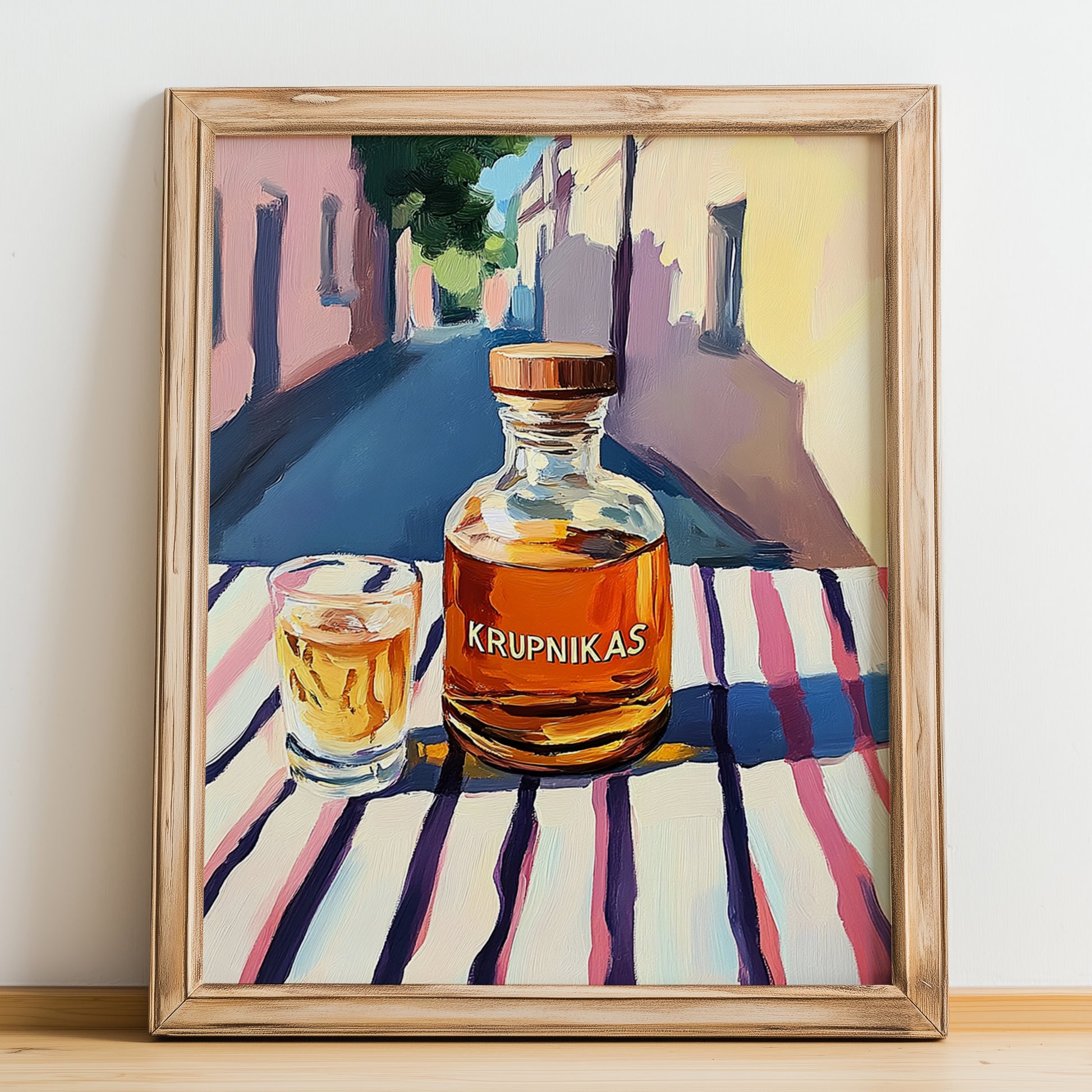 Krupnikas – Lithuanian Outdoor Café Scene, Lithuanian Spirit Still Life, no-text version framed in wood