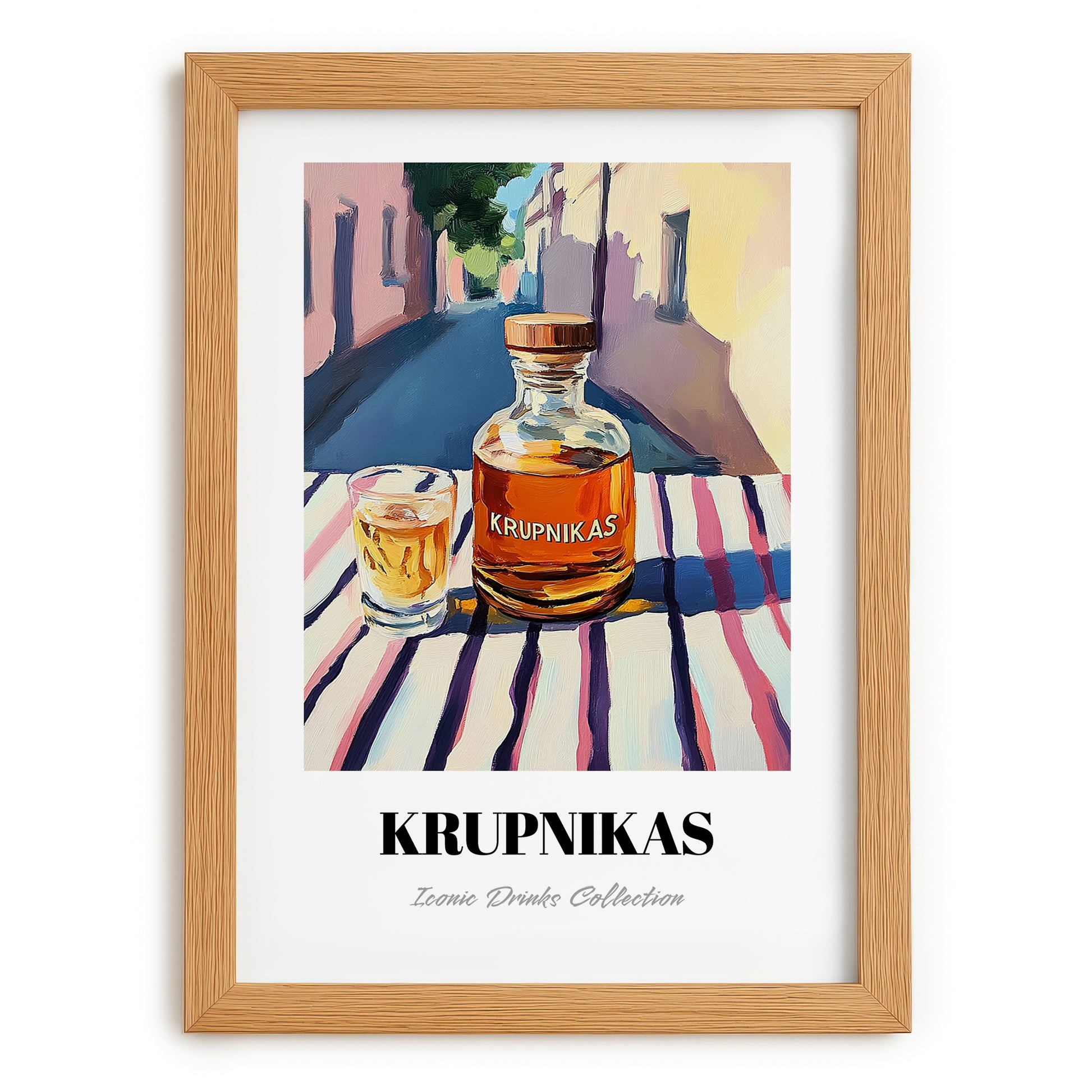 Krupnikas – Lithuanian Outdoor Café Scene, Lithuanian Spirit Still Life, set in oak frame