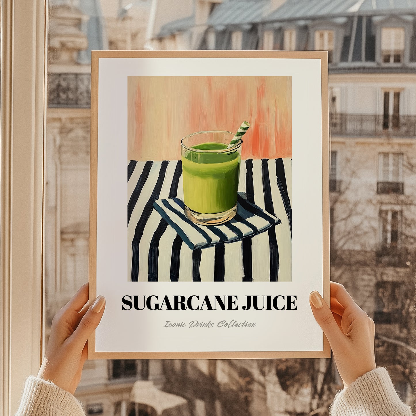 Sugarcane Juice – on Striped Tablecloth, Egyptian Beverage Still Life, styled in a charming Paris street view