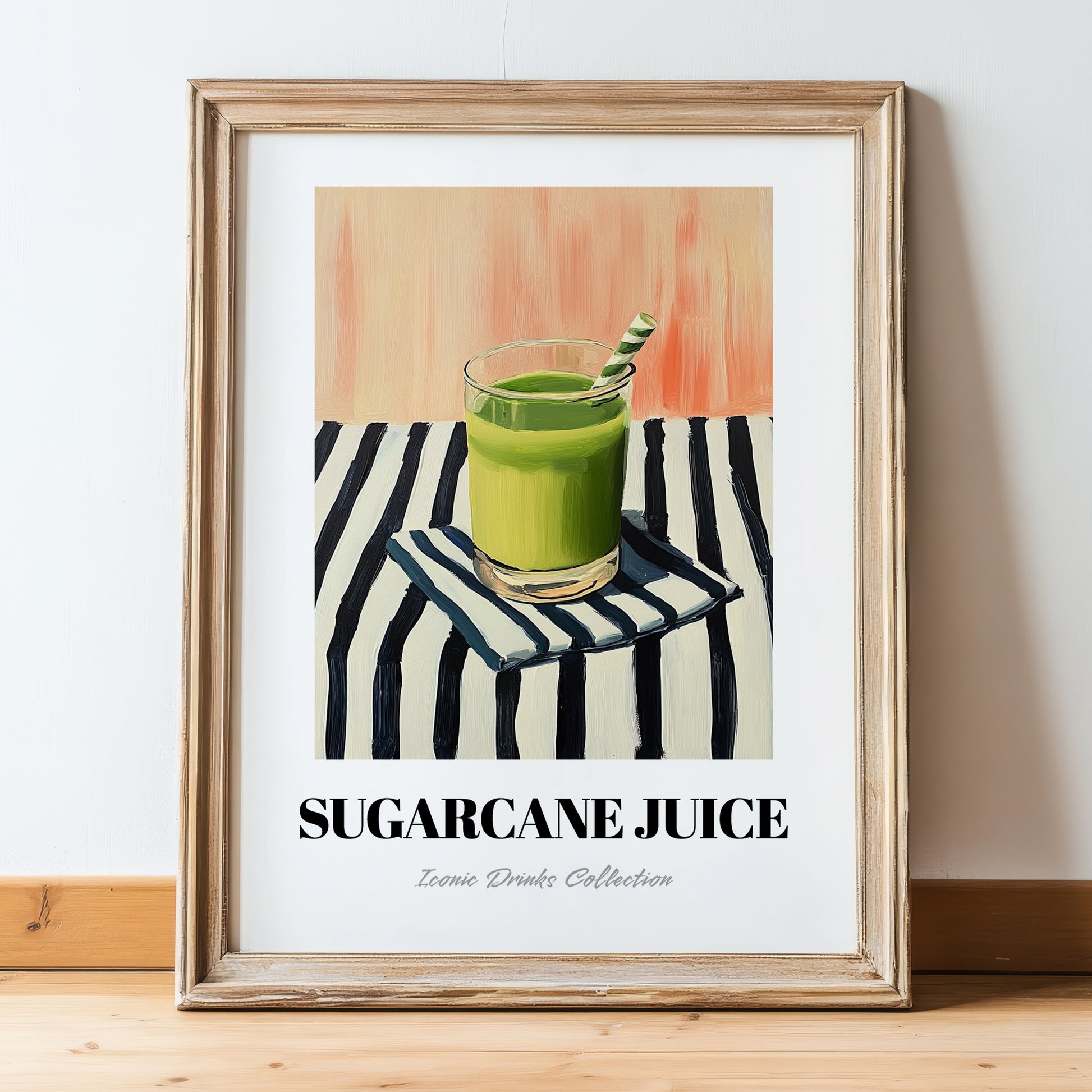 Sugarcane Juice – on Striped Tablecloth, Egyptian Beverage Still Life, in wooden frame leaning on the floor
