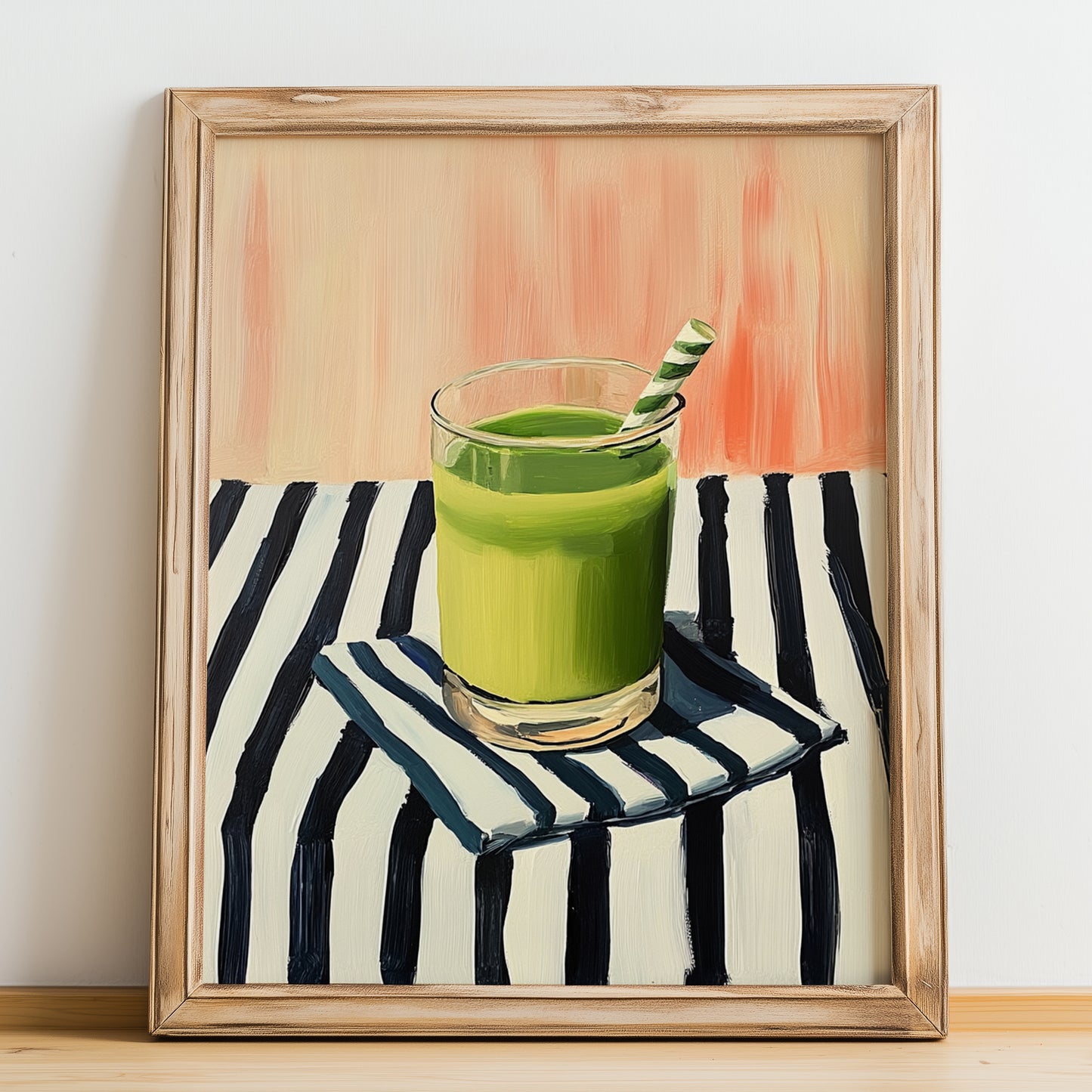 Sugarcane Juice – on Striped Tablecloth, Egyptian Beverage Still Life, no-text version framed in wood