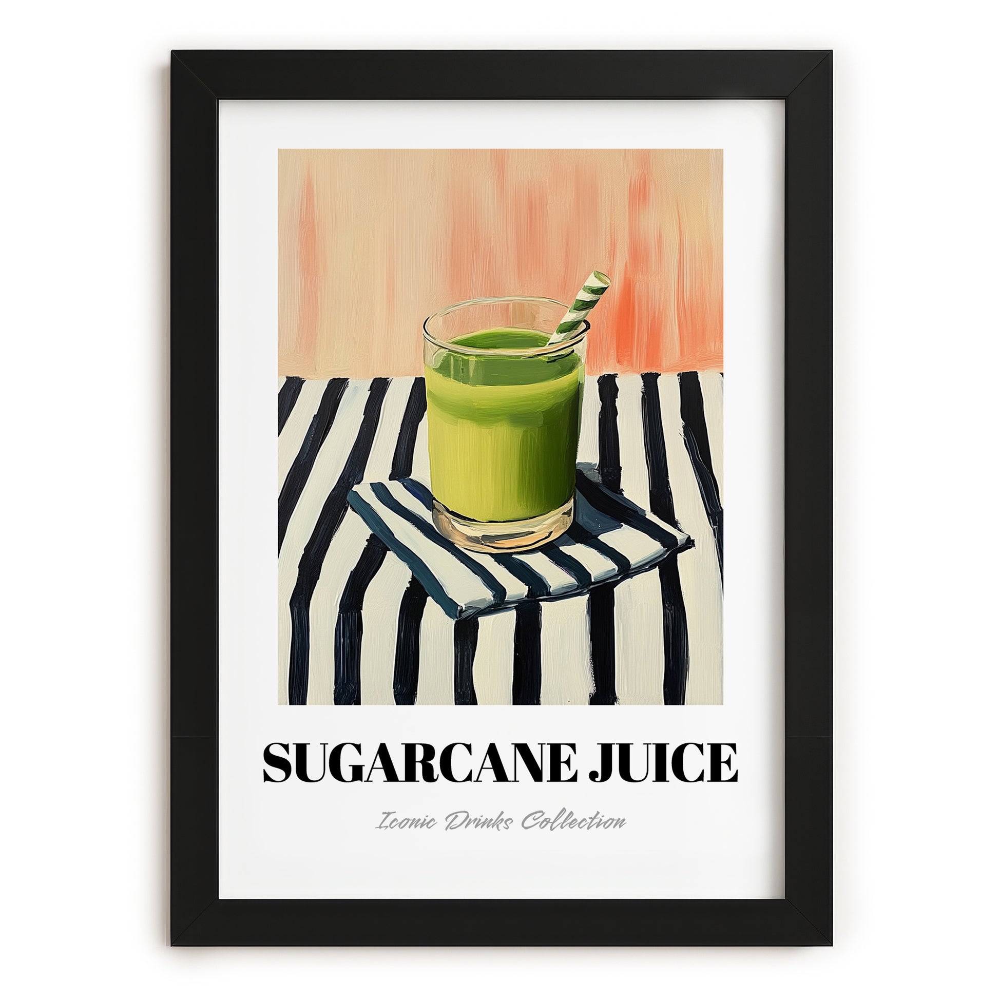 Sugarcane Juice – on Striped Tablecloth, Egyptian Beverage Still Life, in sleek black frame