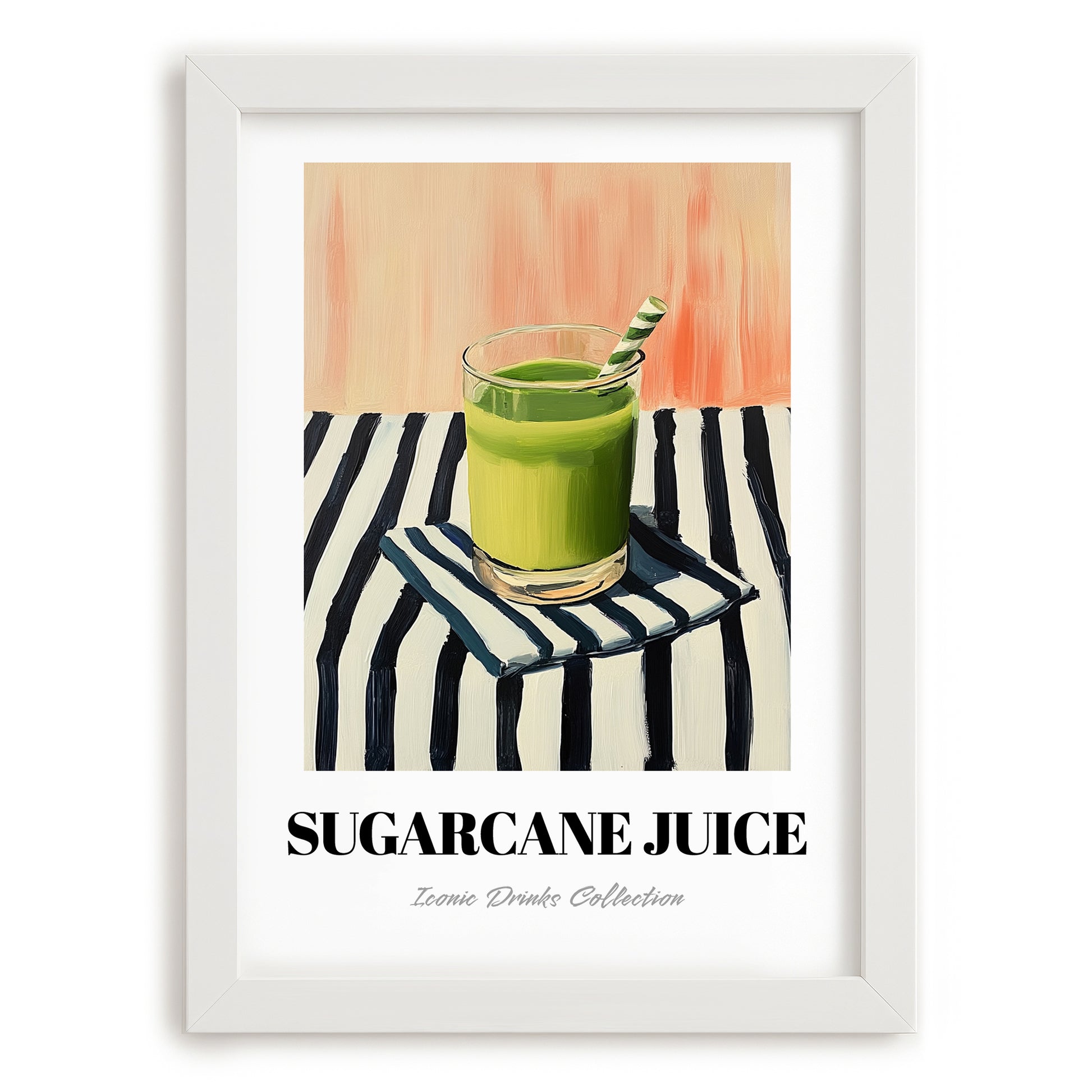 Sugarcane Juice – on Striped Tablecloth, Egyptian Beverage Still Life, placed in minimal white frame