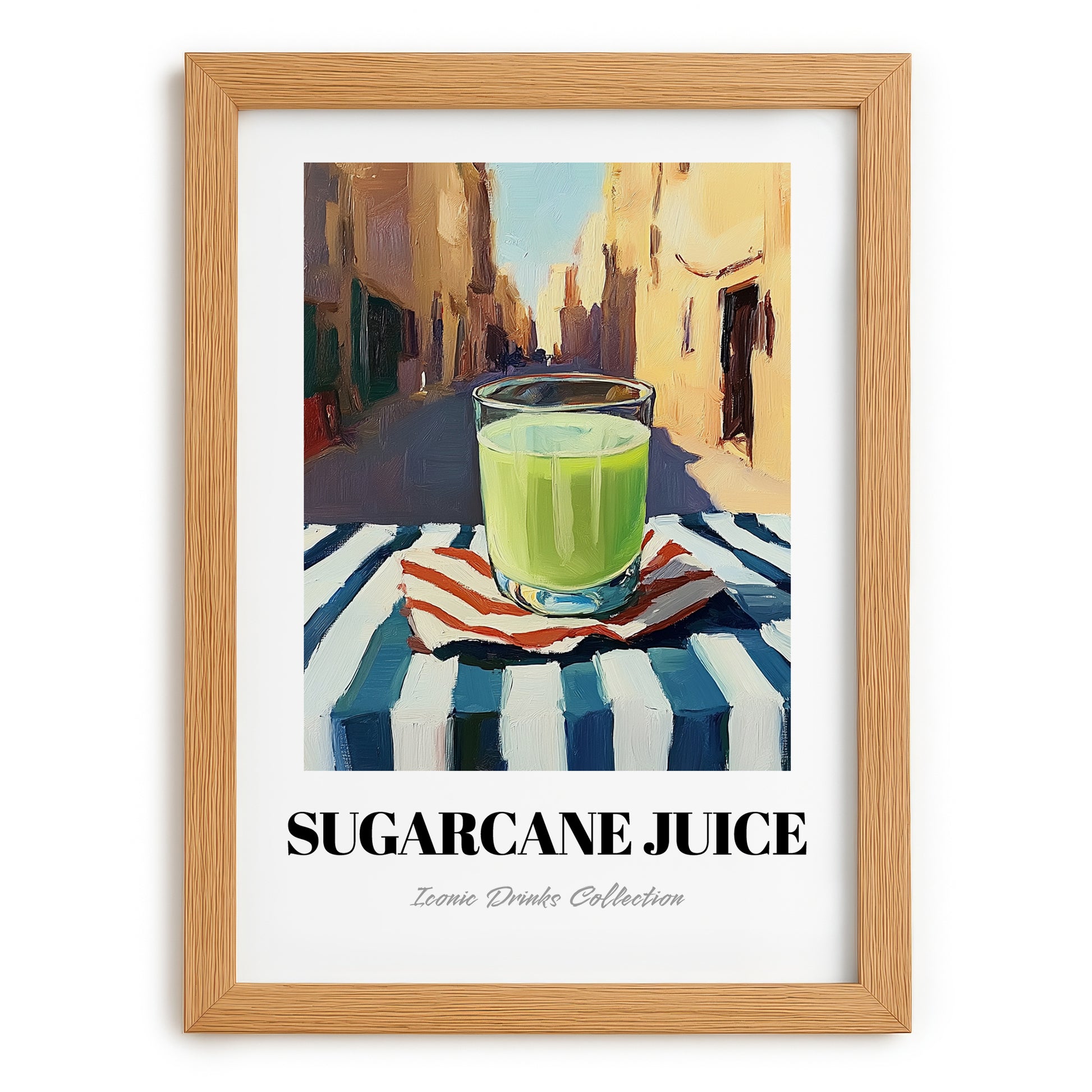 Sugarcane Juice – Egyptian Outdoor Café Scene, Egyptian Beverage Wall Decor, set in oak frame