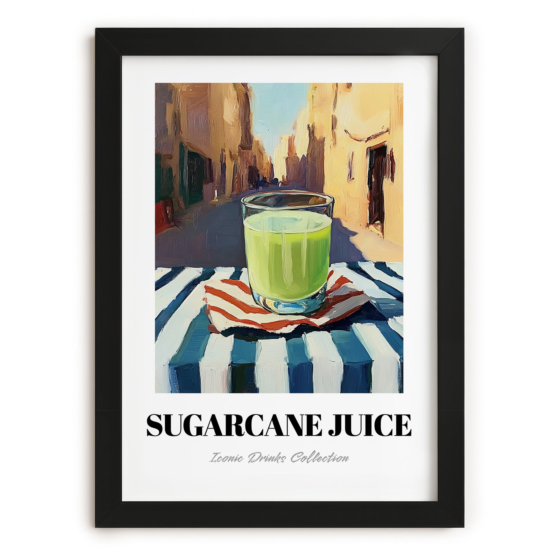 Sugarcane Juice – Egyptian Outdoor Café Scene, Egyptian Beverage Wall Decor, in sleek black frame