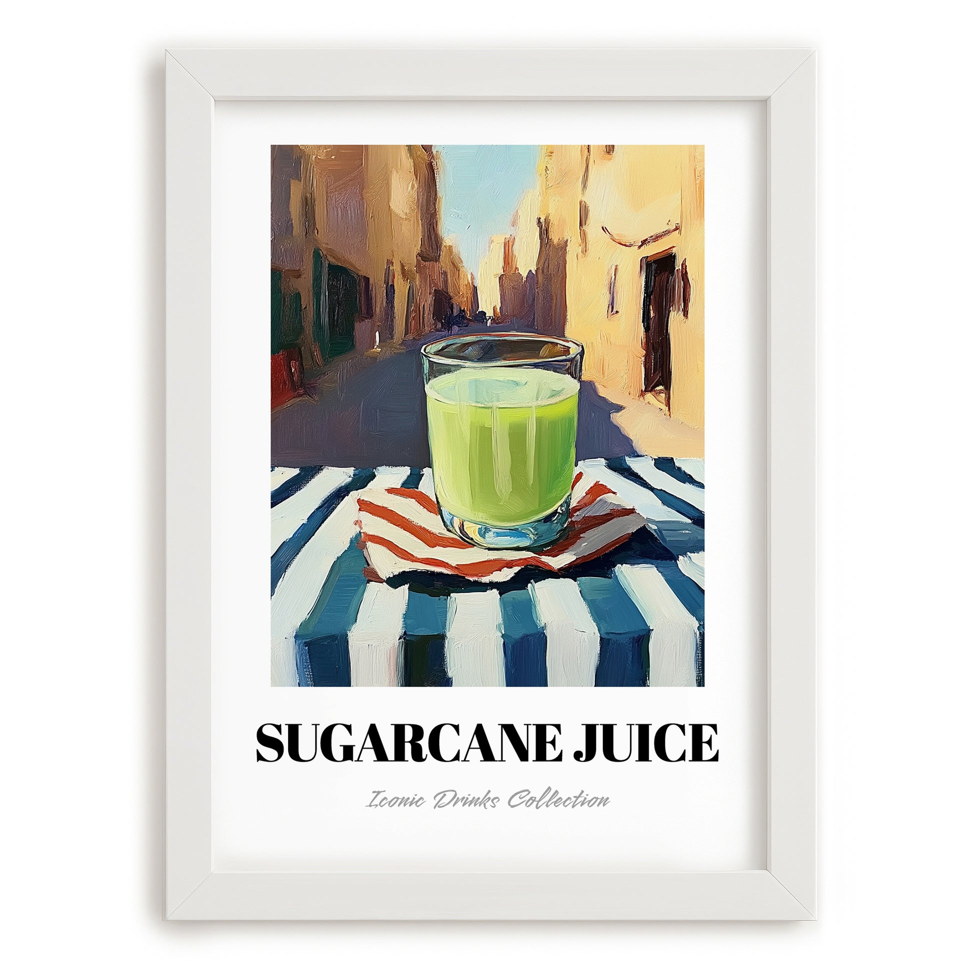 Sugarcane Juice – Egyptian Outdoor Café Scene, Egyptian Beverage Wall Decor, placed in minimal white frame
