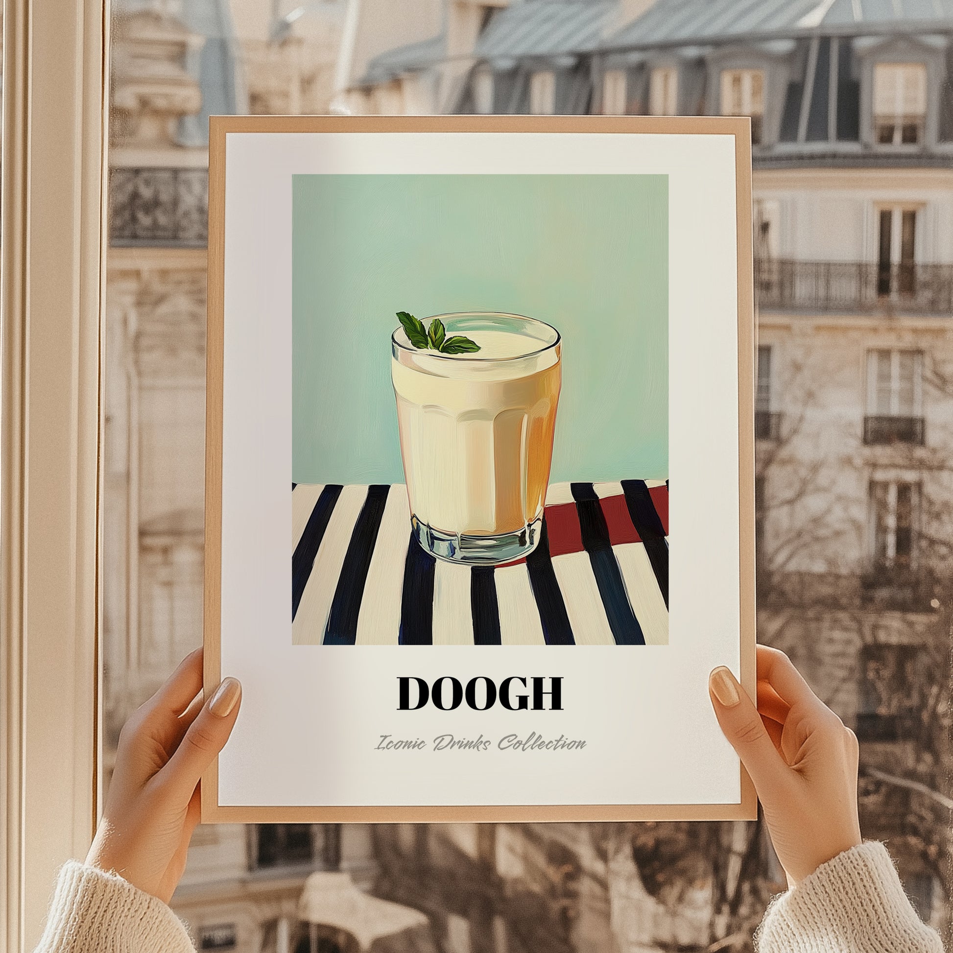 Doogh – on Striped Tablecloth, Iranian Beverage Wall Decor, styled in a charming Paris street view