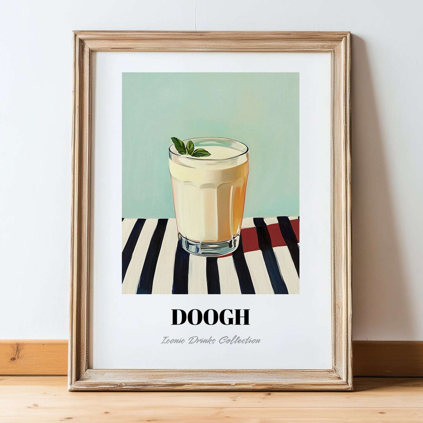 Doogh – on Striped Tablecloth, Iranian Beverage Wall Decor, in wooden frame leaning on the floor