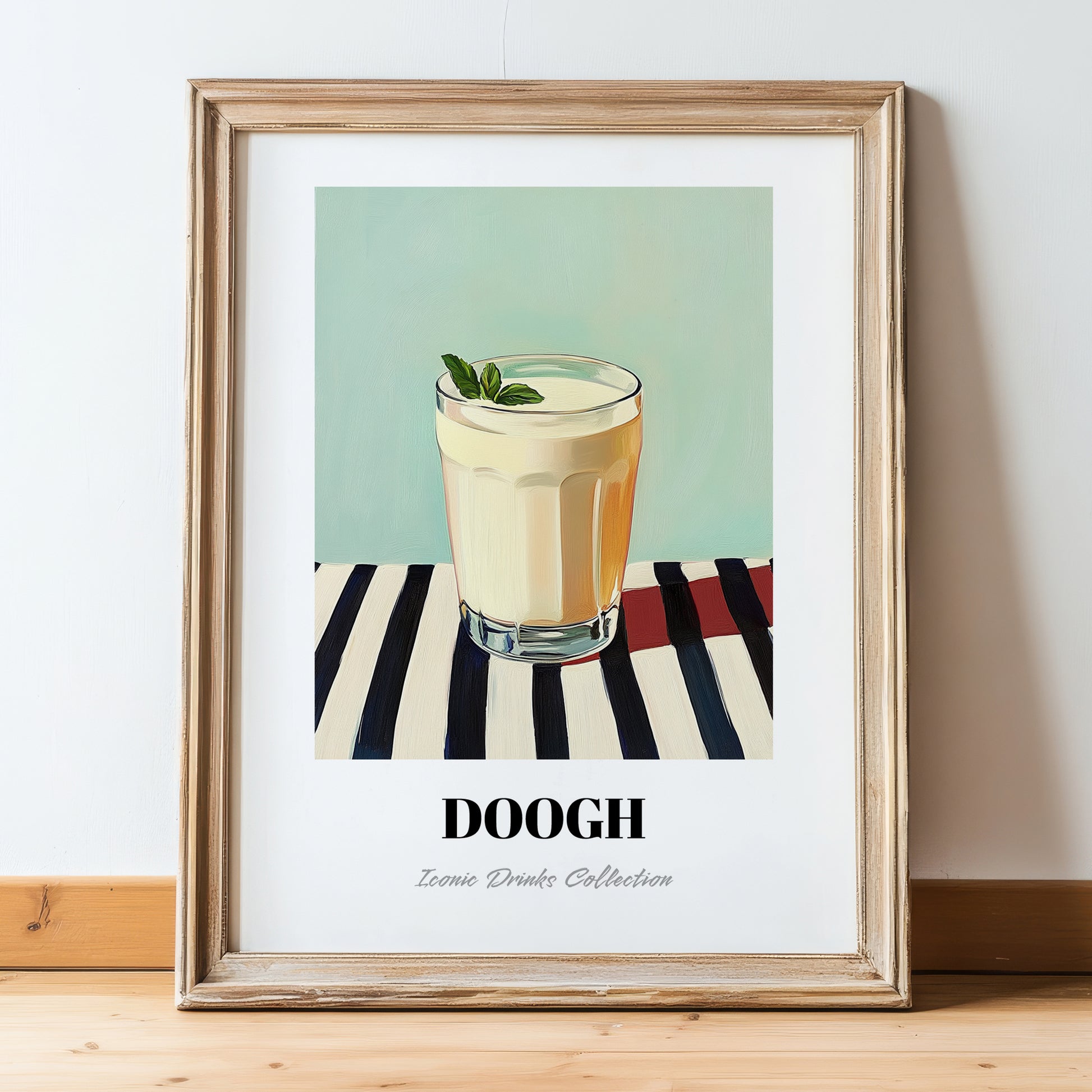Doogh – on Striped Tablecloth, Iranian Beverage Wall Decor, in wooden frame leaning on the floor