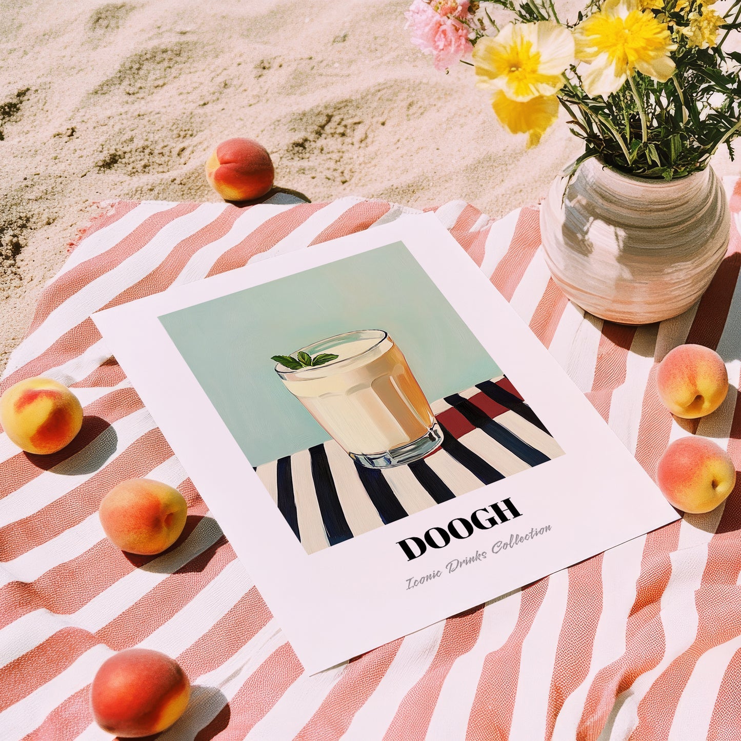 Doogh – on Striped Tablecloth, Iranian Beverage Wall Decor, unframed on coastal sand